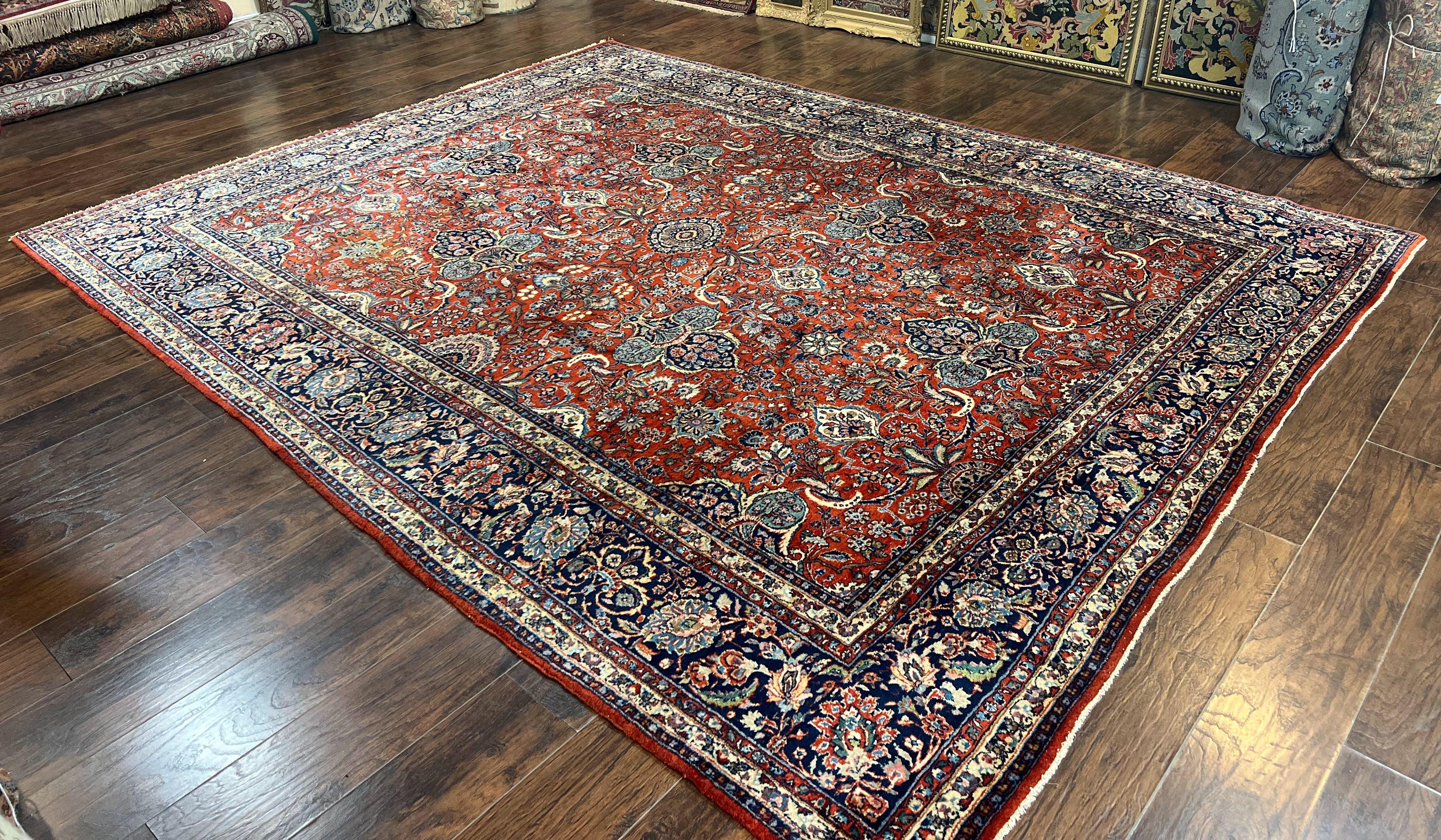 Persian Sarouk Rug 9x12, Red and Dark Blue Floral Allover Antique Persian Carpet, Handmade Wool Qazvin Rug - Jewel Rugs