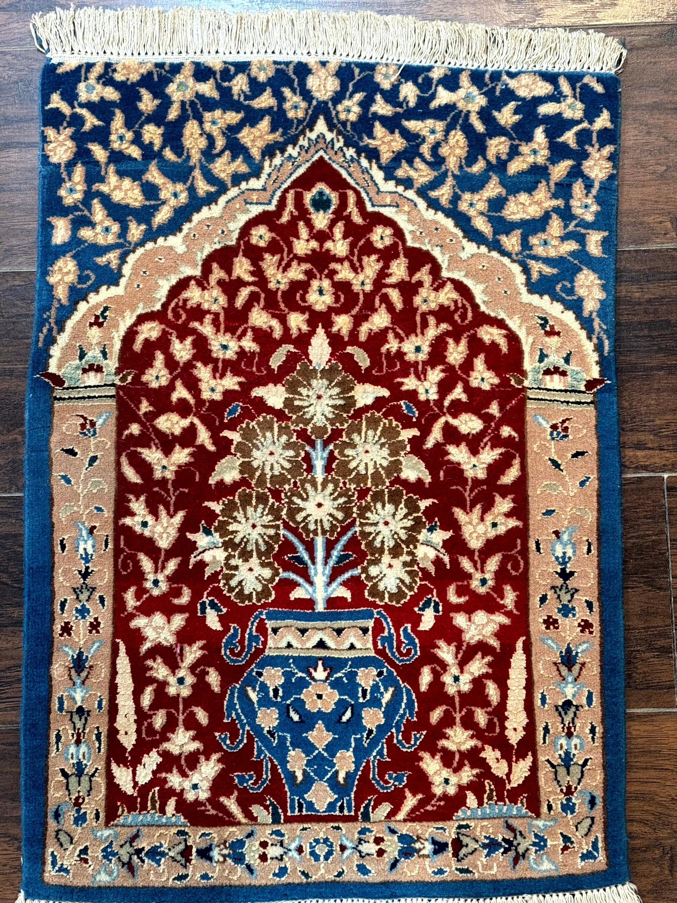Small Persian Nain Rug, Persian Vase Tree of Life Design, Red and Blue, Very Fine 260 KPSI, Wool and Silk Highlights - Jewel Rugs
