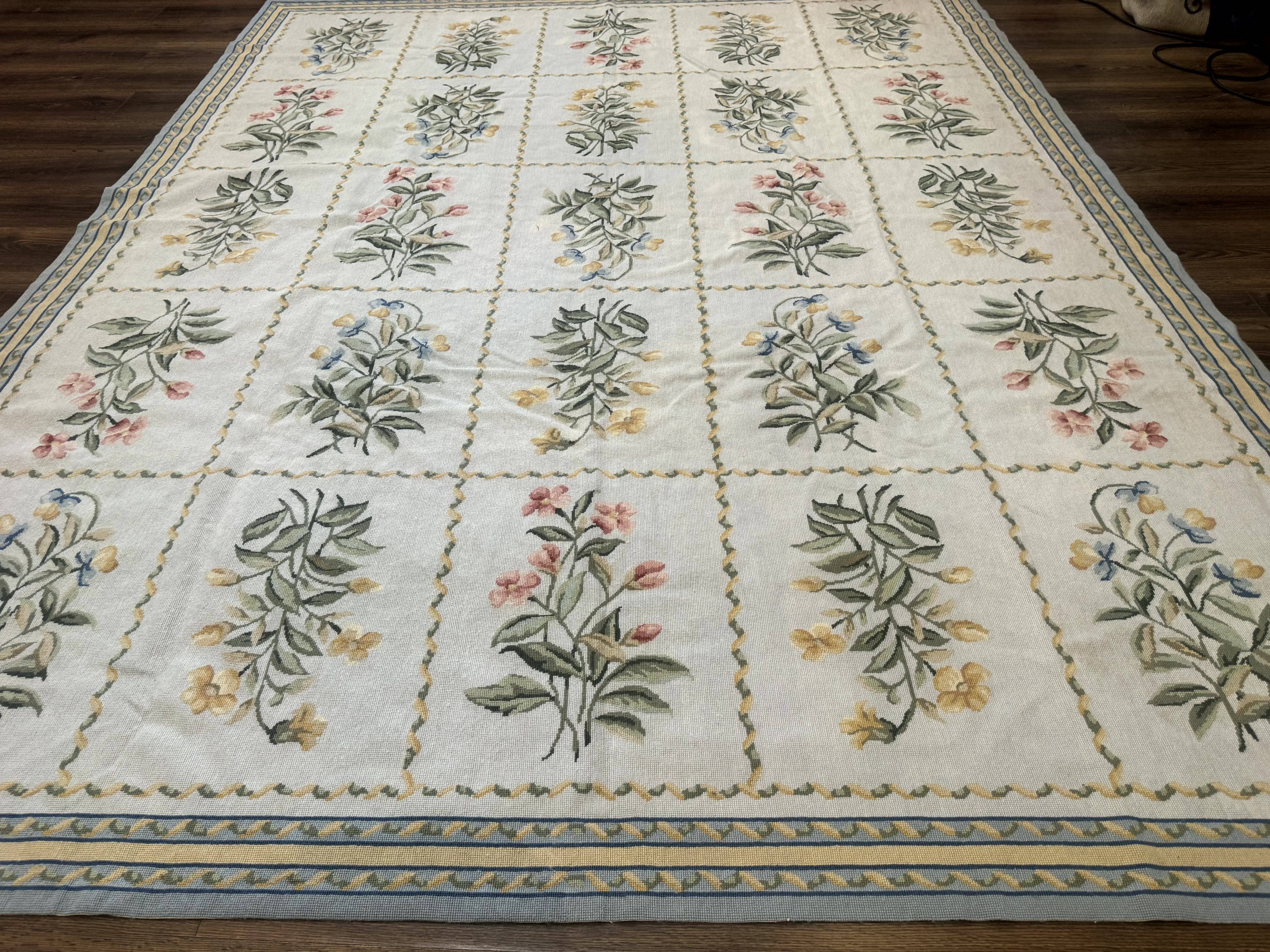 Needlepoint Rug 8x10, Vintage, Aubusson Panel Design, Floral, Wool - Jewel Rugs