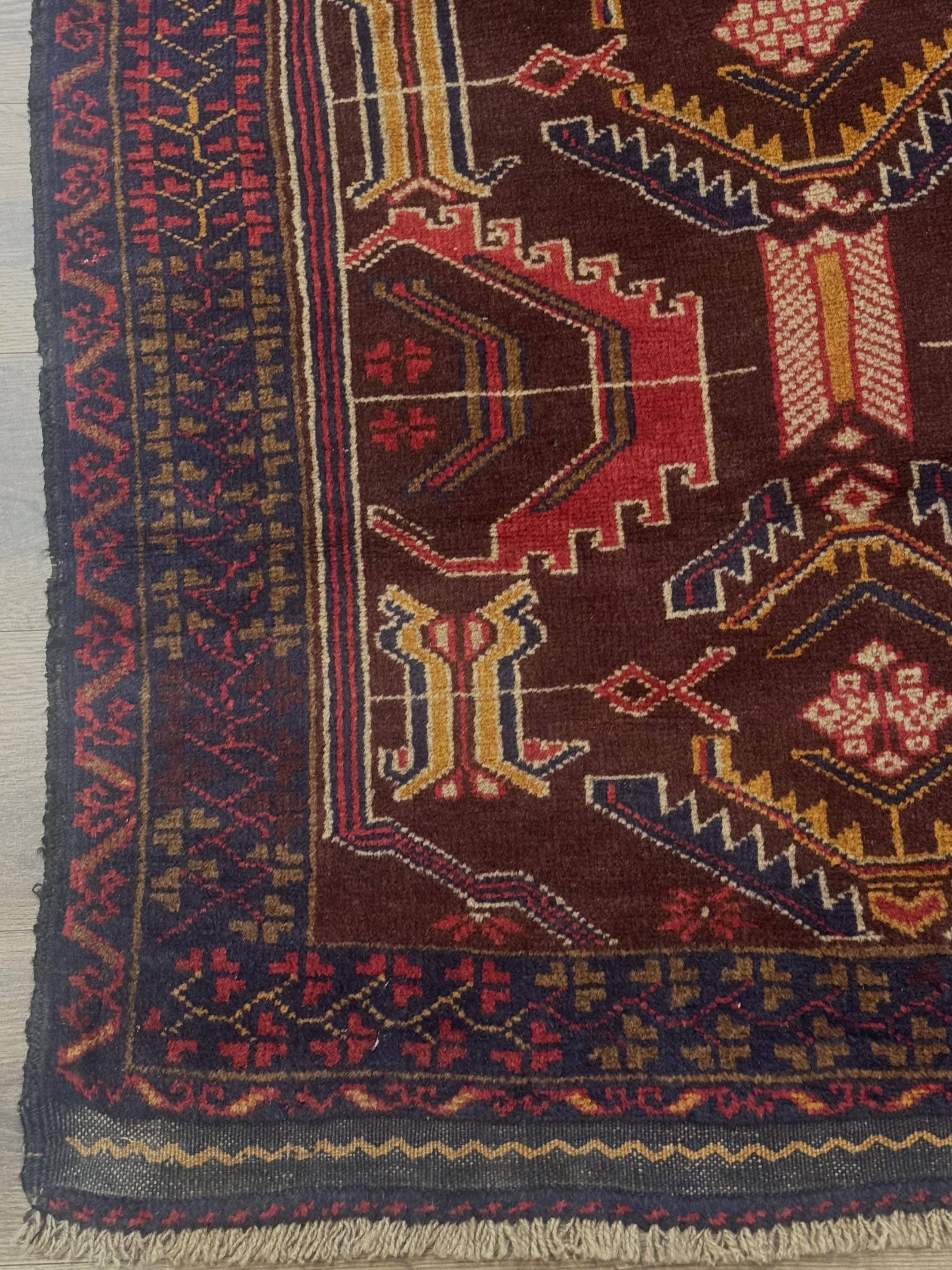 Afghan Rug 3x7, Maroon and Navy Blue, Balouch Carpet, Tribal Rug, New - Jewel Rugs