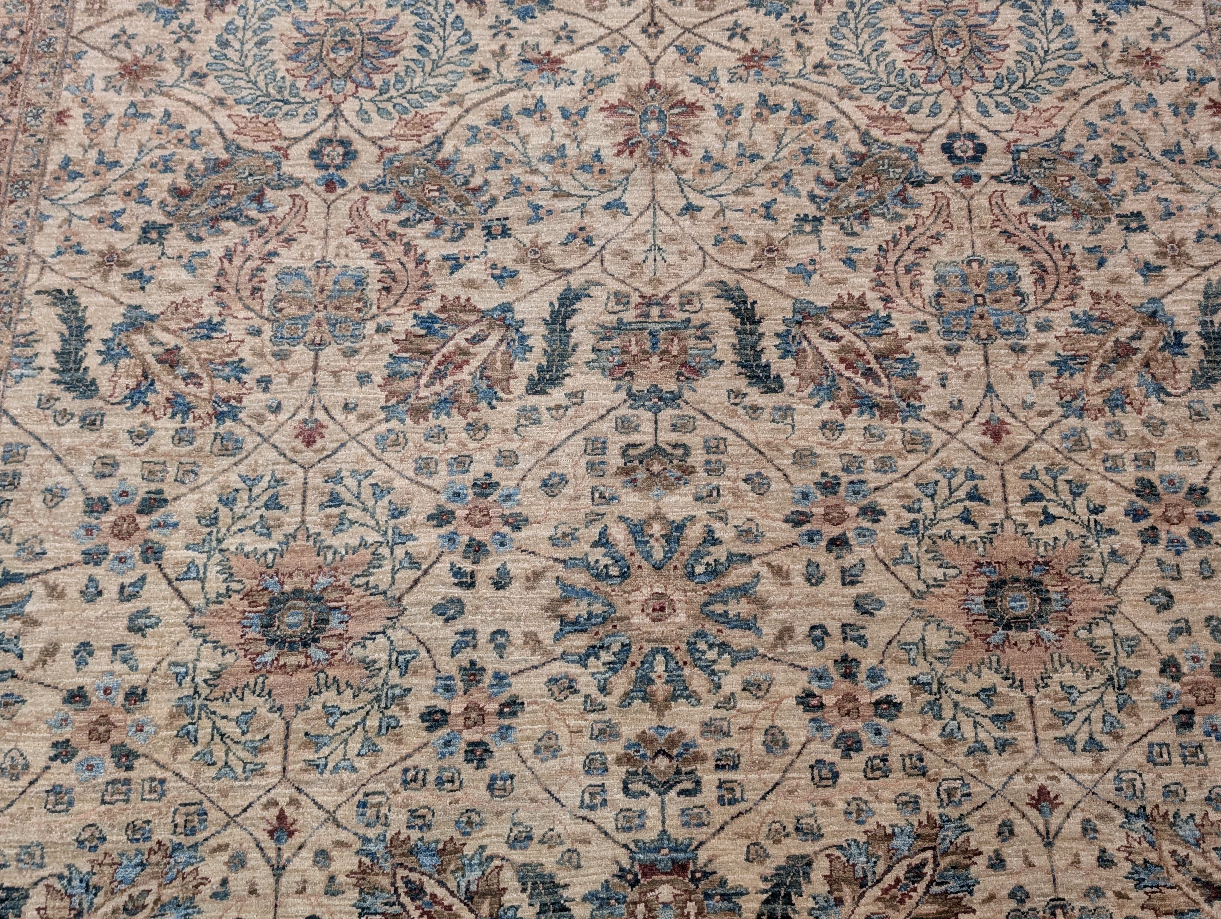 Persian Kashan Rug 6x9 – Oat and Blue Hand Knotted Wool Carpet, Light Colors, 200 KPSI - Jewel Rugs