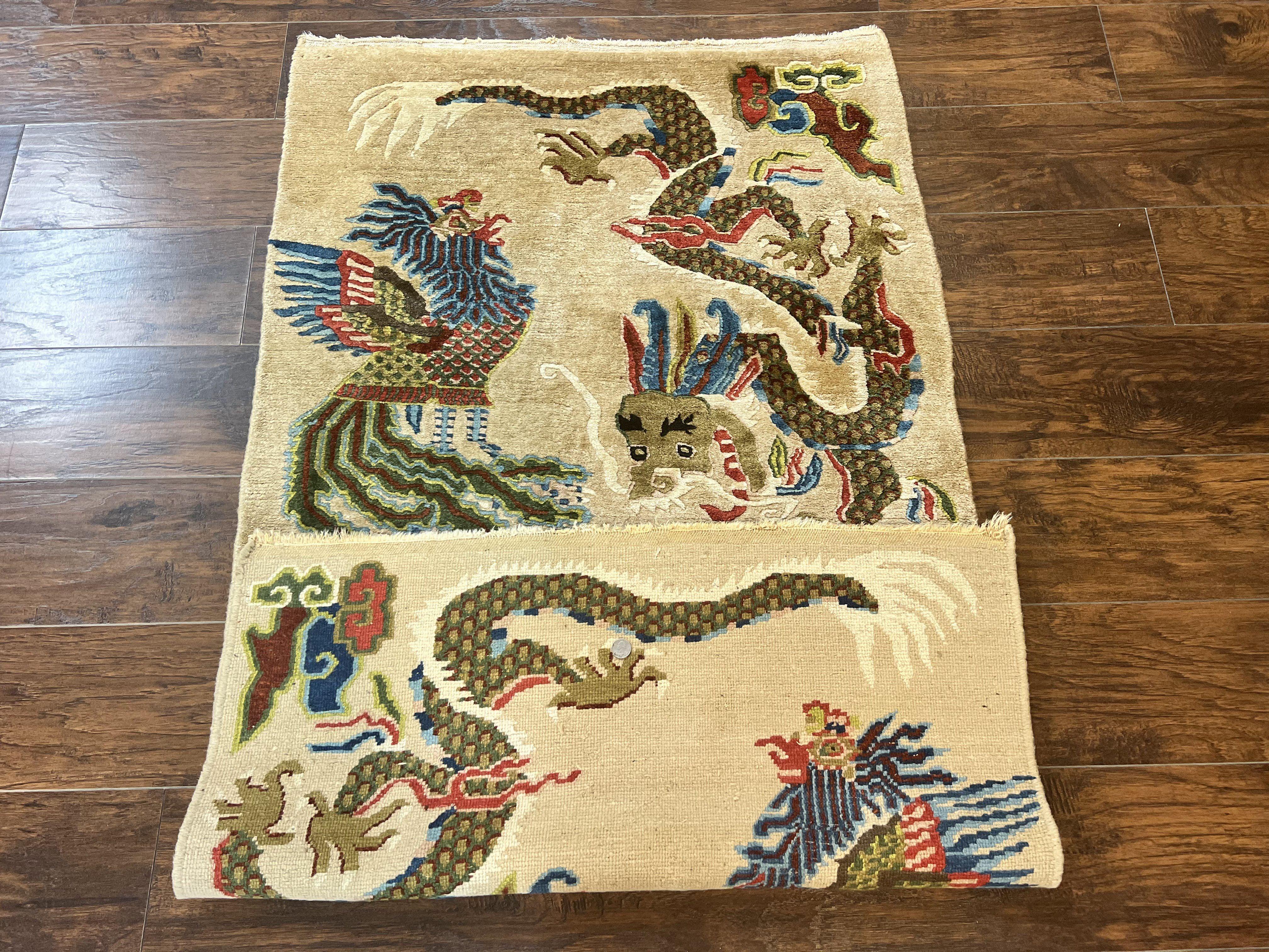 Antique Chinese Peking Rug 3 x 5.6, Dragon Motifs, Handmade Wool Asian Oriental Carpet - Jewel Rugs