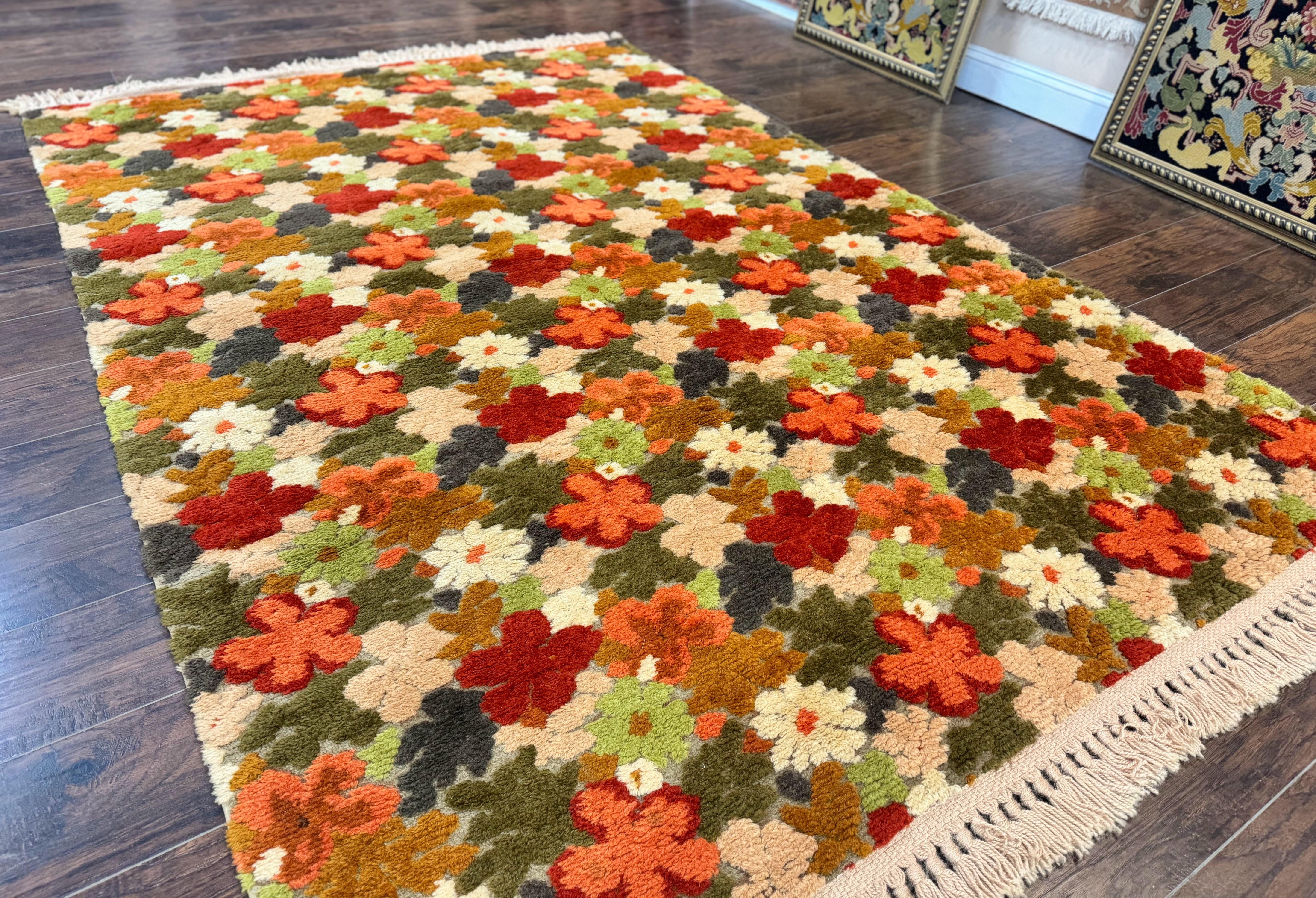 Floral Rug 6x9, Orange Green Beige, Vintage, Wool - Jewel Rugs