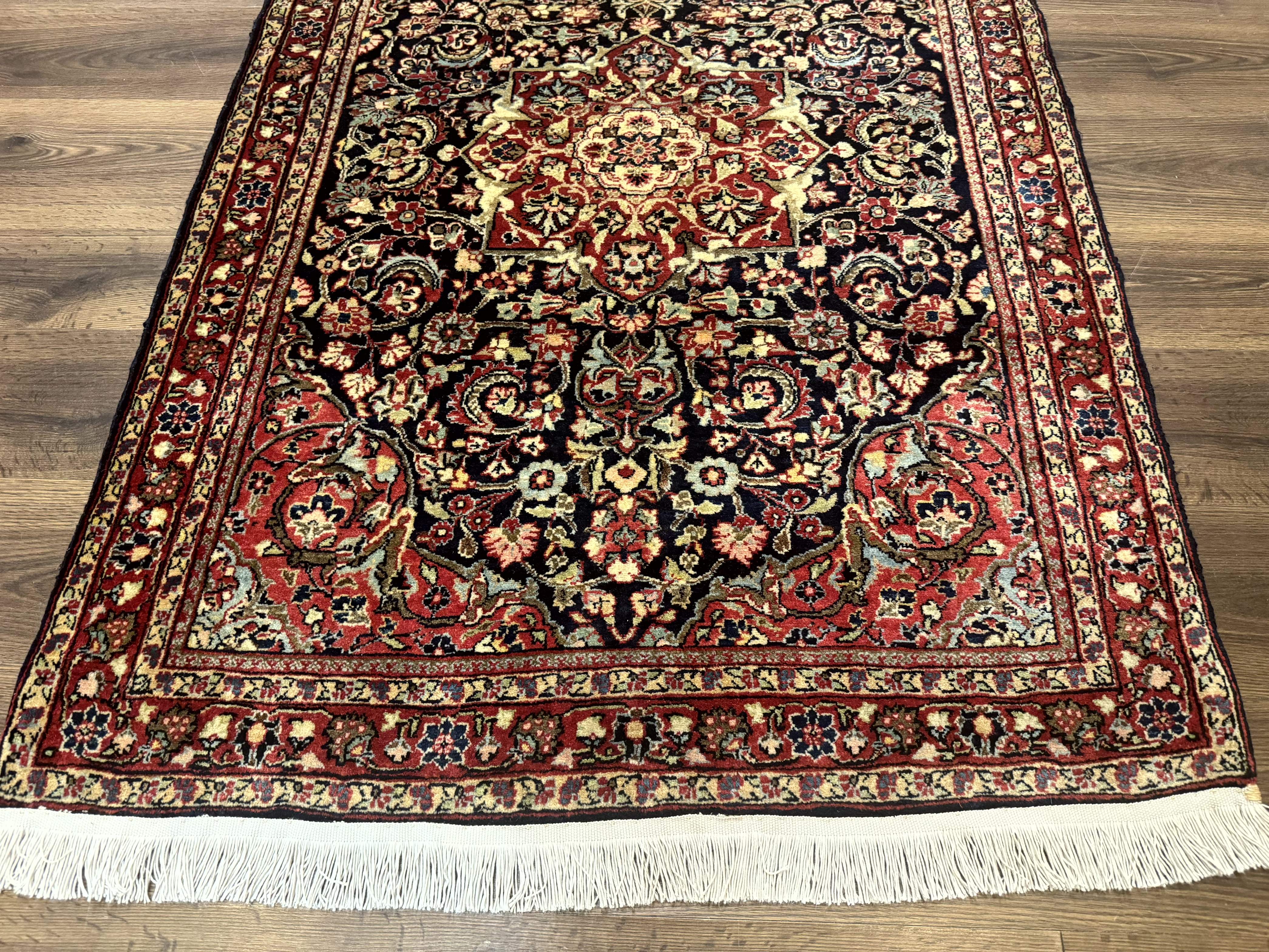 Antique Persian Sarouk Rug 4x5, Dark Blue and Red, Floral Medallion, Fine - Jewel Rugs