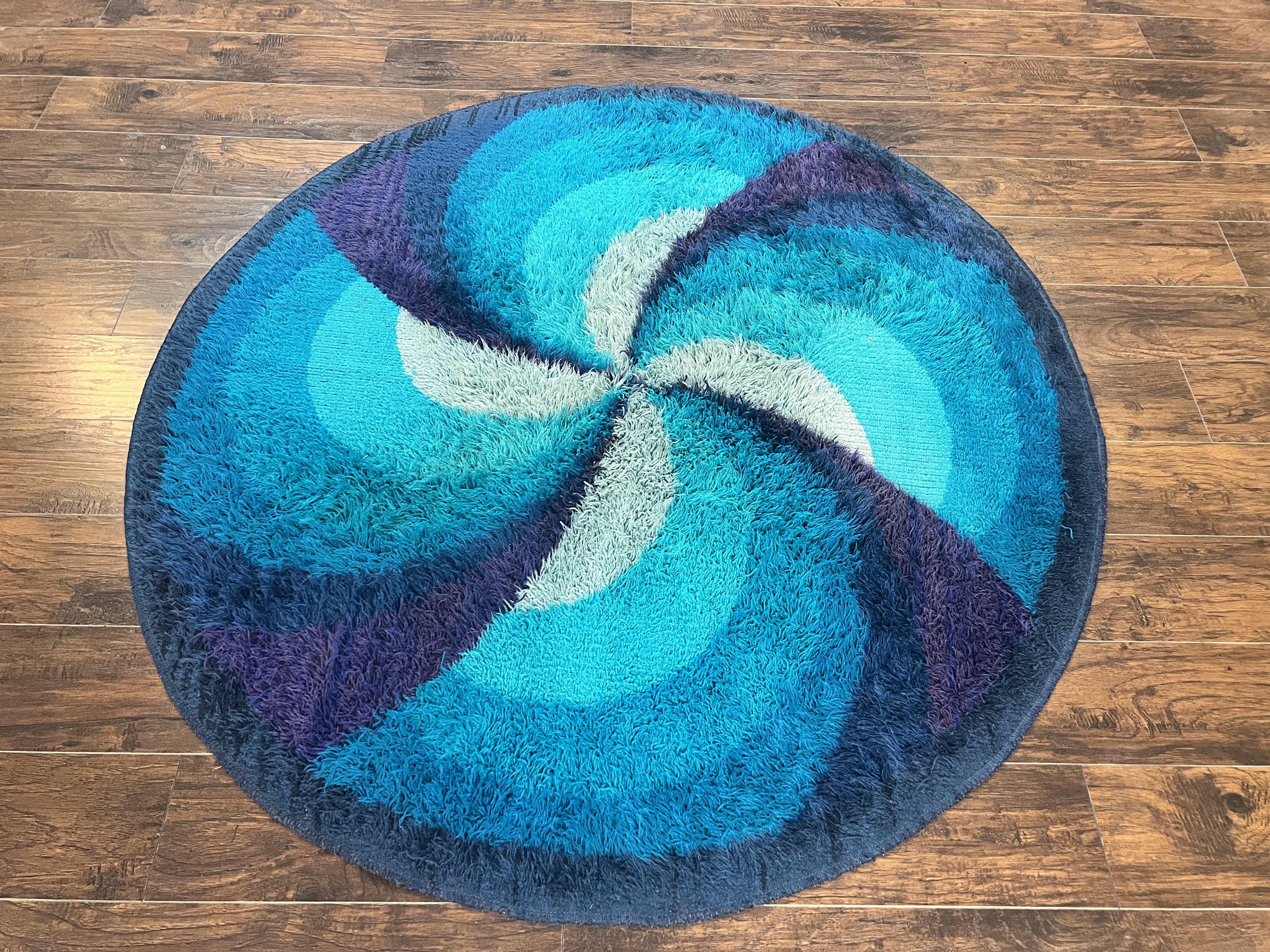 Round Rya Shag Rug 6x6 ft, Round Danish Rug, Shades of Blue, Mid Century 1960s Vintage Retro Area Rug 6ft Round - Jewel Rugs