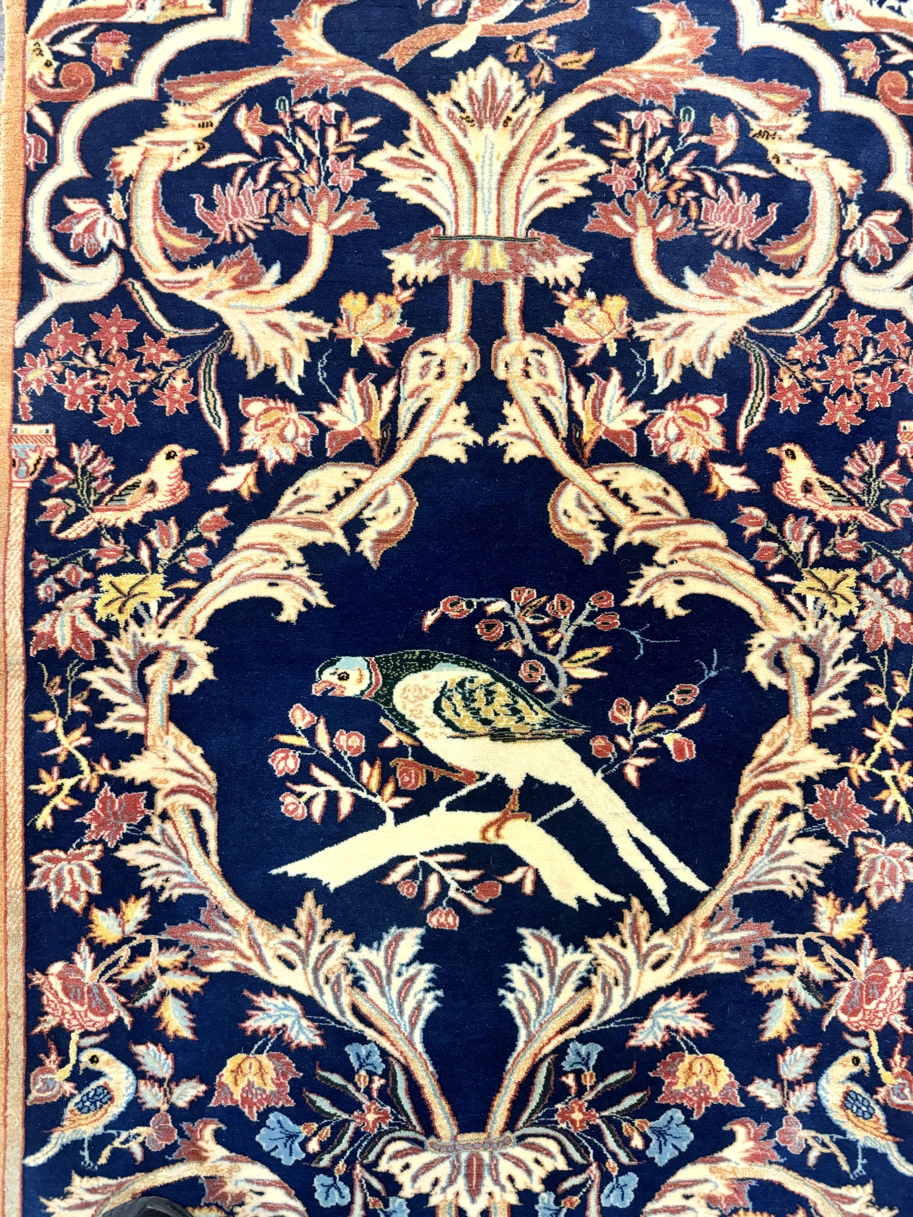 Persian Isfahan Rug 2x4, Birds, Navy Blue, Kork Wool on Silk Foundation, 460 KPSI - Jewel Rugs