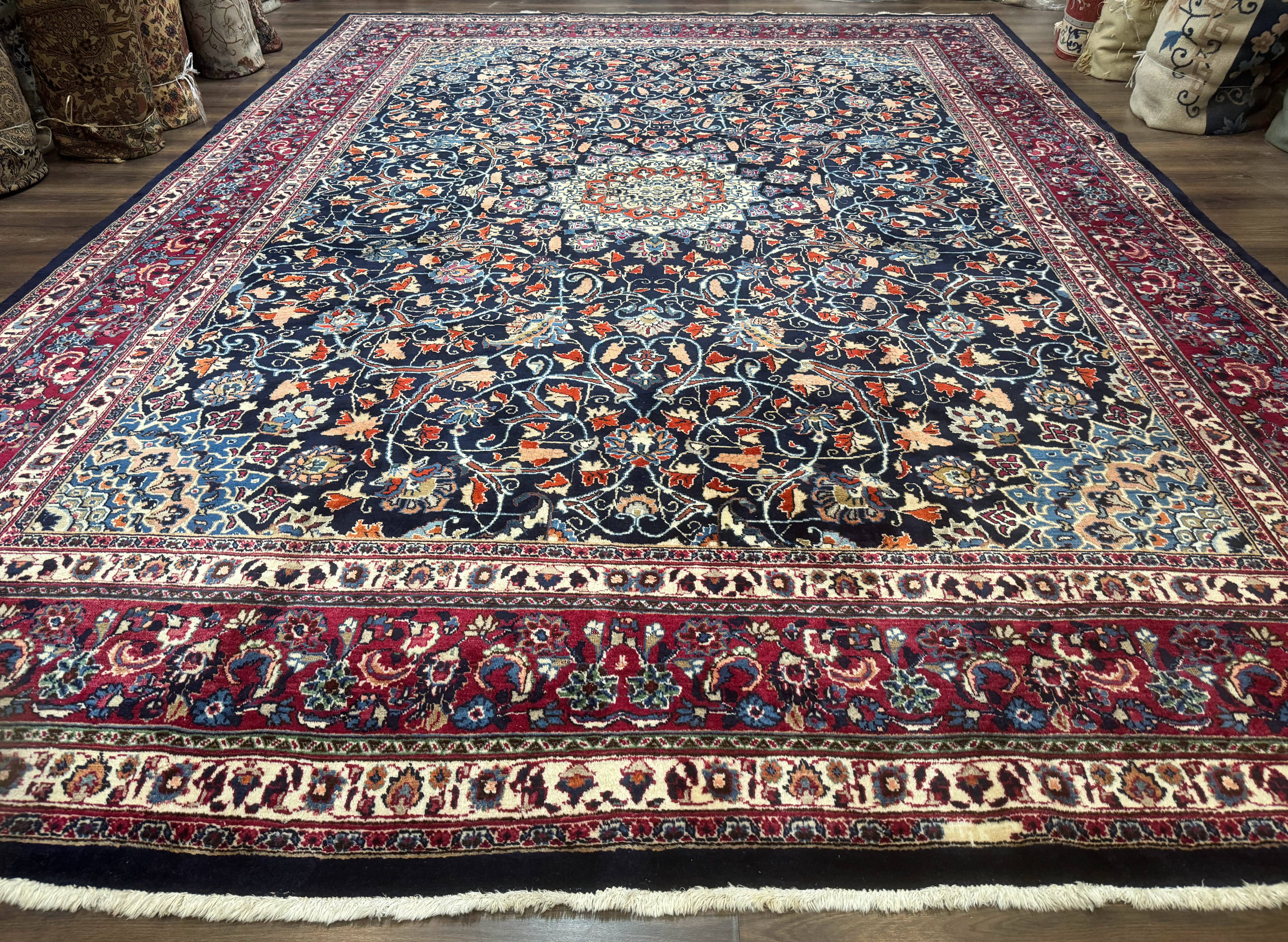 Palace Size Persian Mashad Rug 11x16, Navy Blue and Red, Floral Medallion - Jewel Rugs