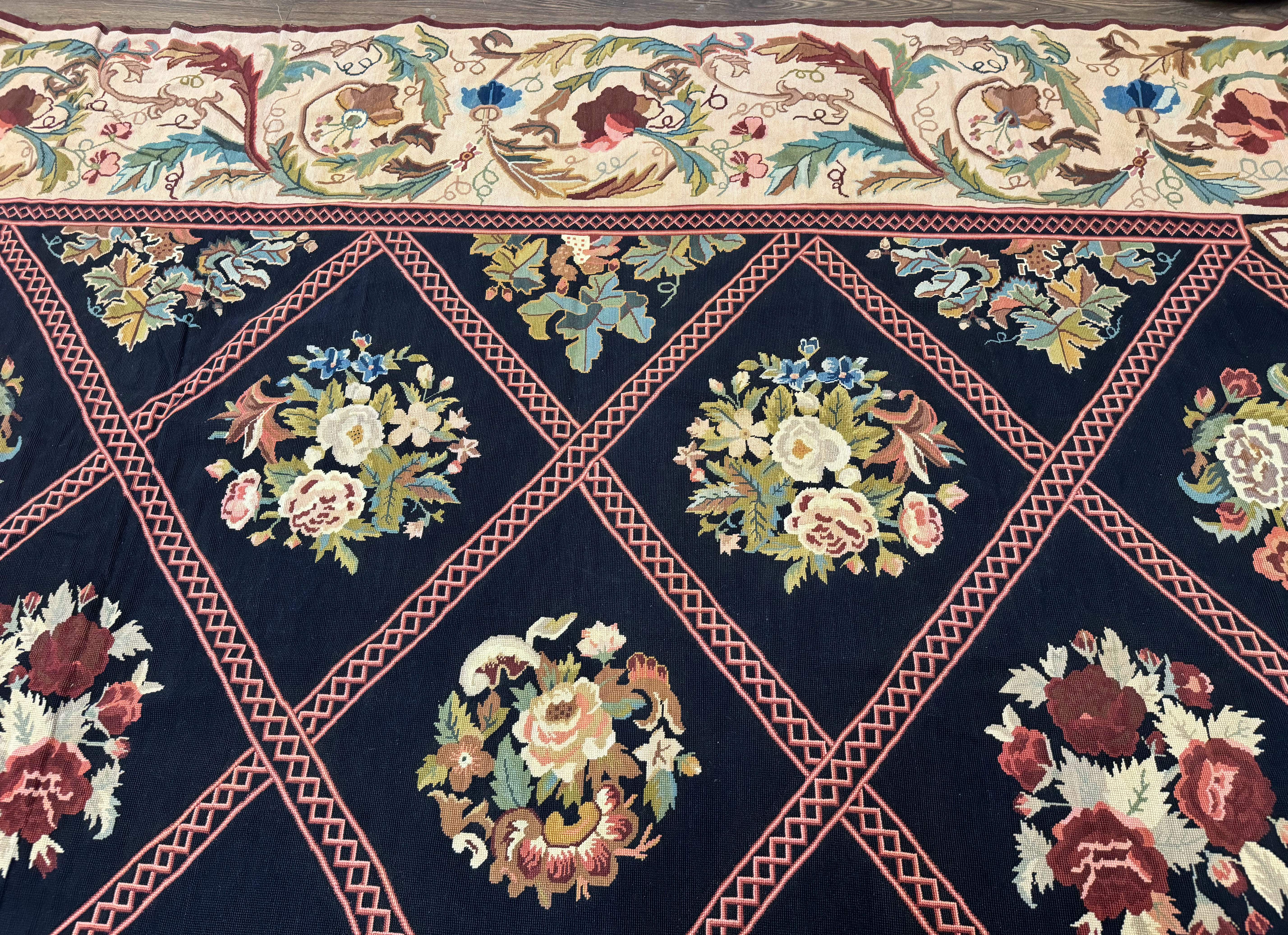 Palace Size Needlepoint Rug 12x20, European French English Aubusson Floral Design, Black and Beige - Jewel Rugs