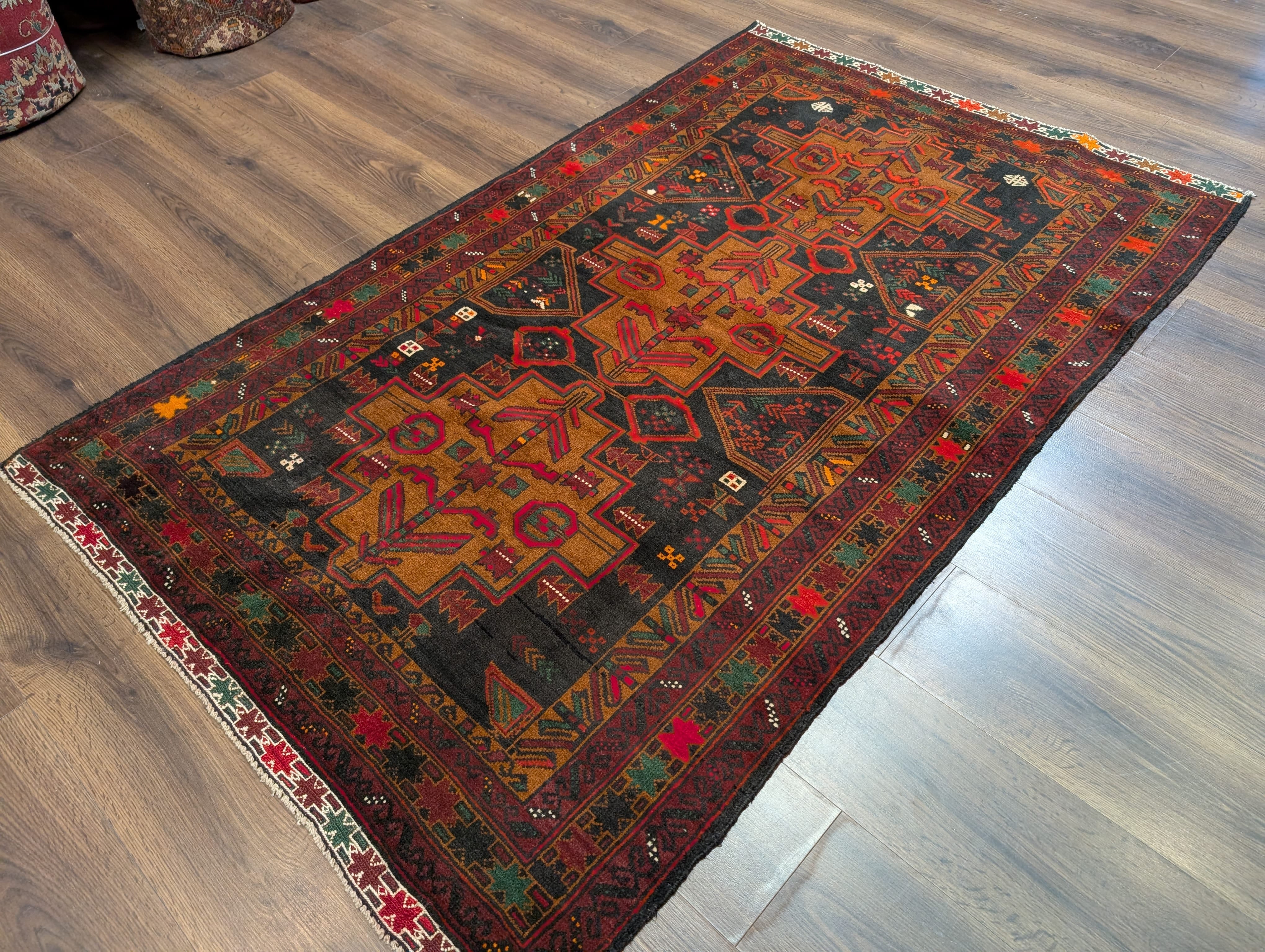 Afghan Baluch Rug 4x6, Tribal, Geometric, Unique Colors, Triple Medallions, Wool, New - Jewel Rugs