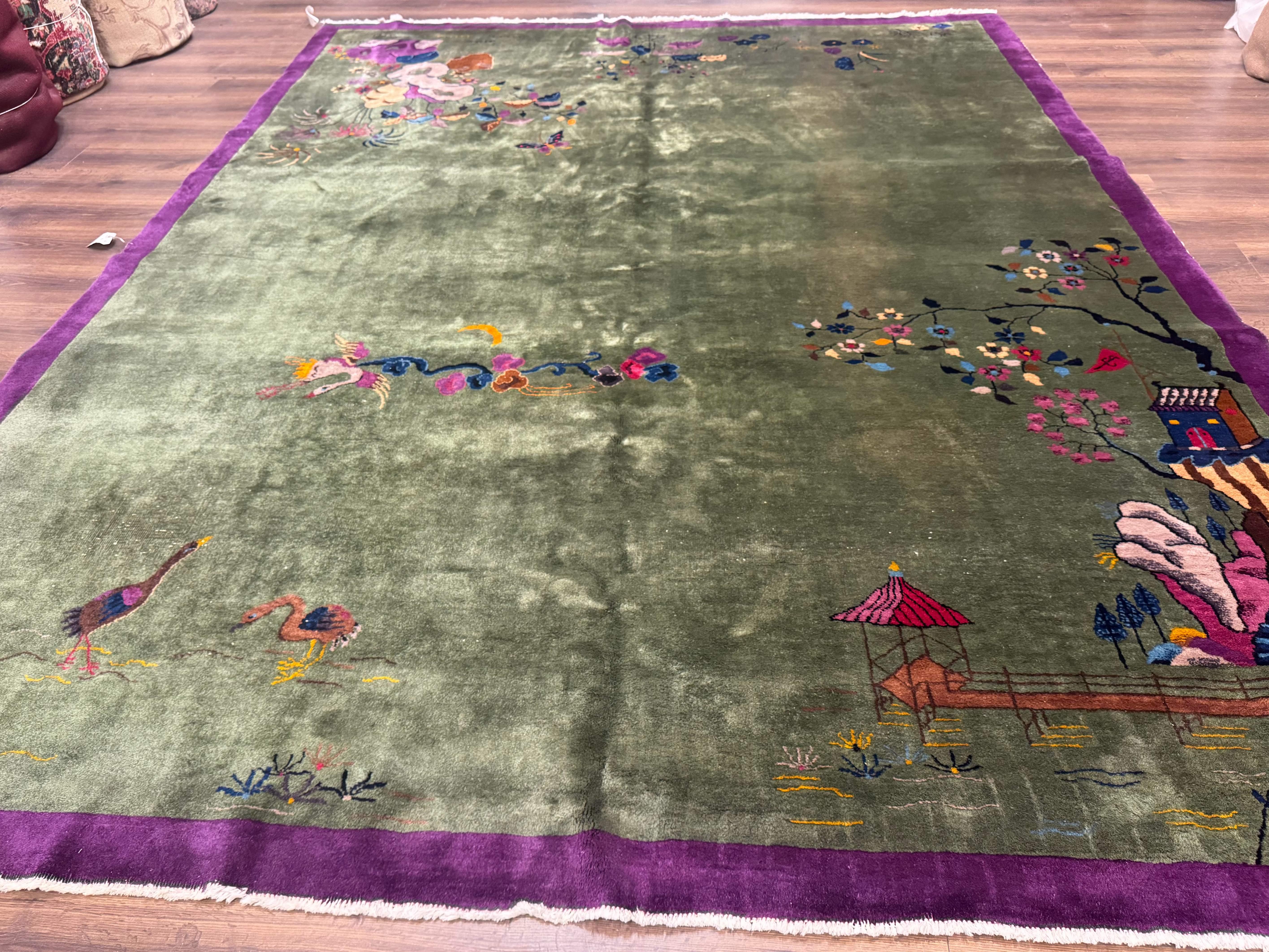 Antique Chinese Nichols Rug 9x12 - Rare Green and Purple Art Deco Carpet - Jewel Rugs