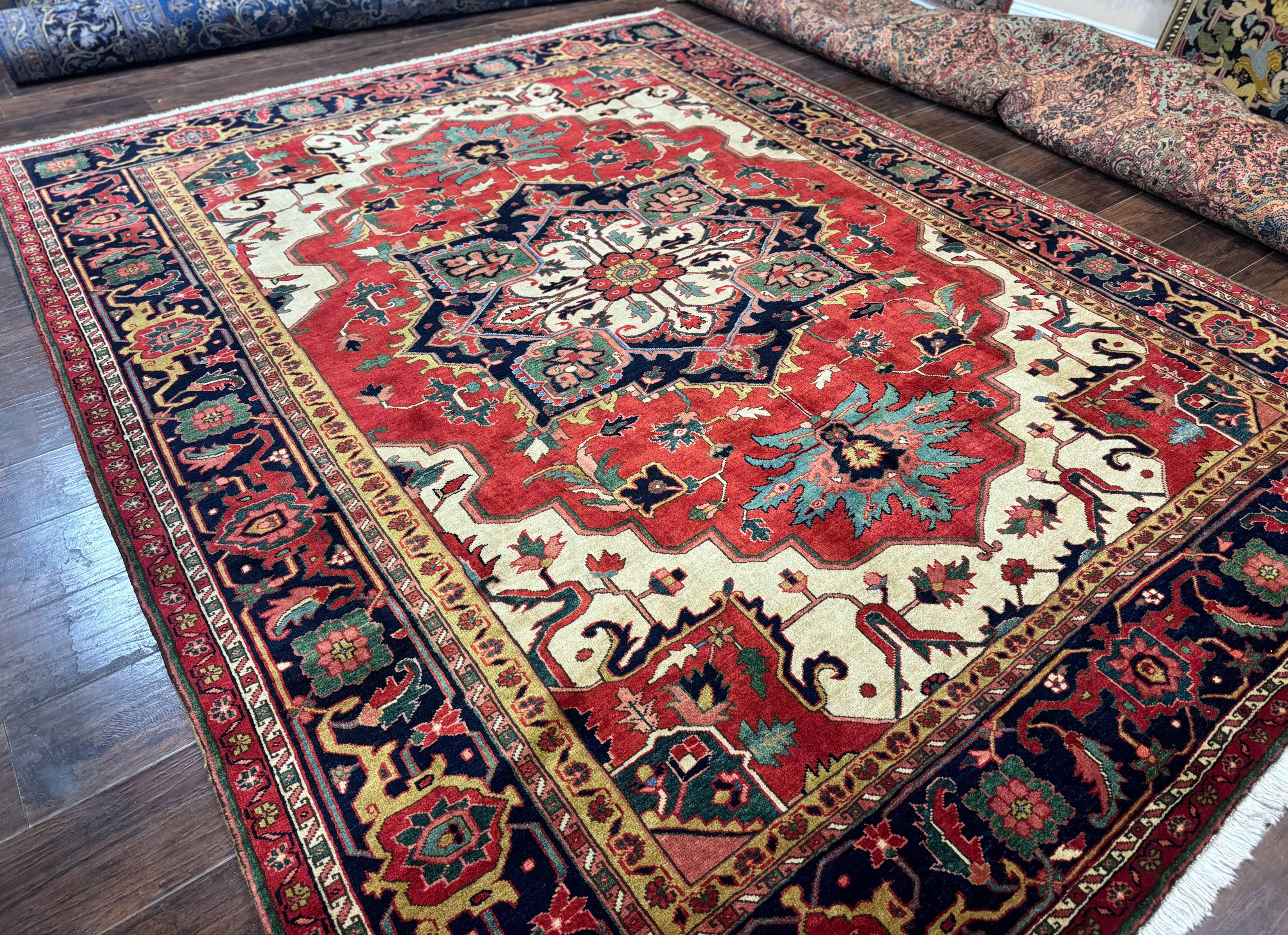 Persian Heriz Serapi Rug 8 x 10.6, Geometric Medallion, Great Colors, Rare, Red Navy Blue Ivory - Jewel Rugs