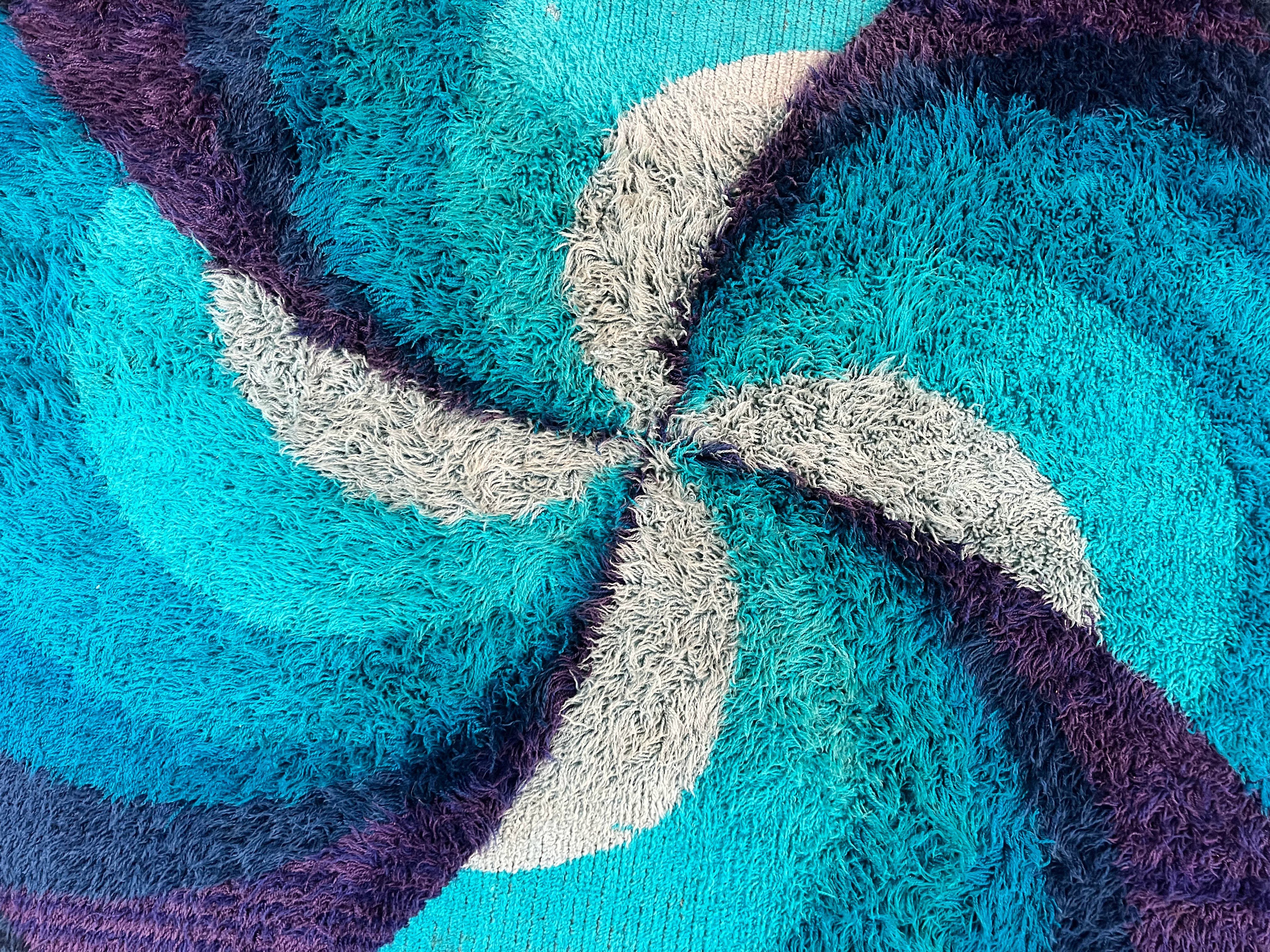 Round Rya Shag Rug 6x6 ft, Round Danish Rug, Shades of Blue, Mid Century 1960s Vintage Retro Area Rug 6ft Round - Jewel Rugs