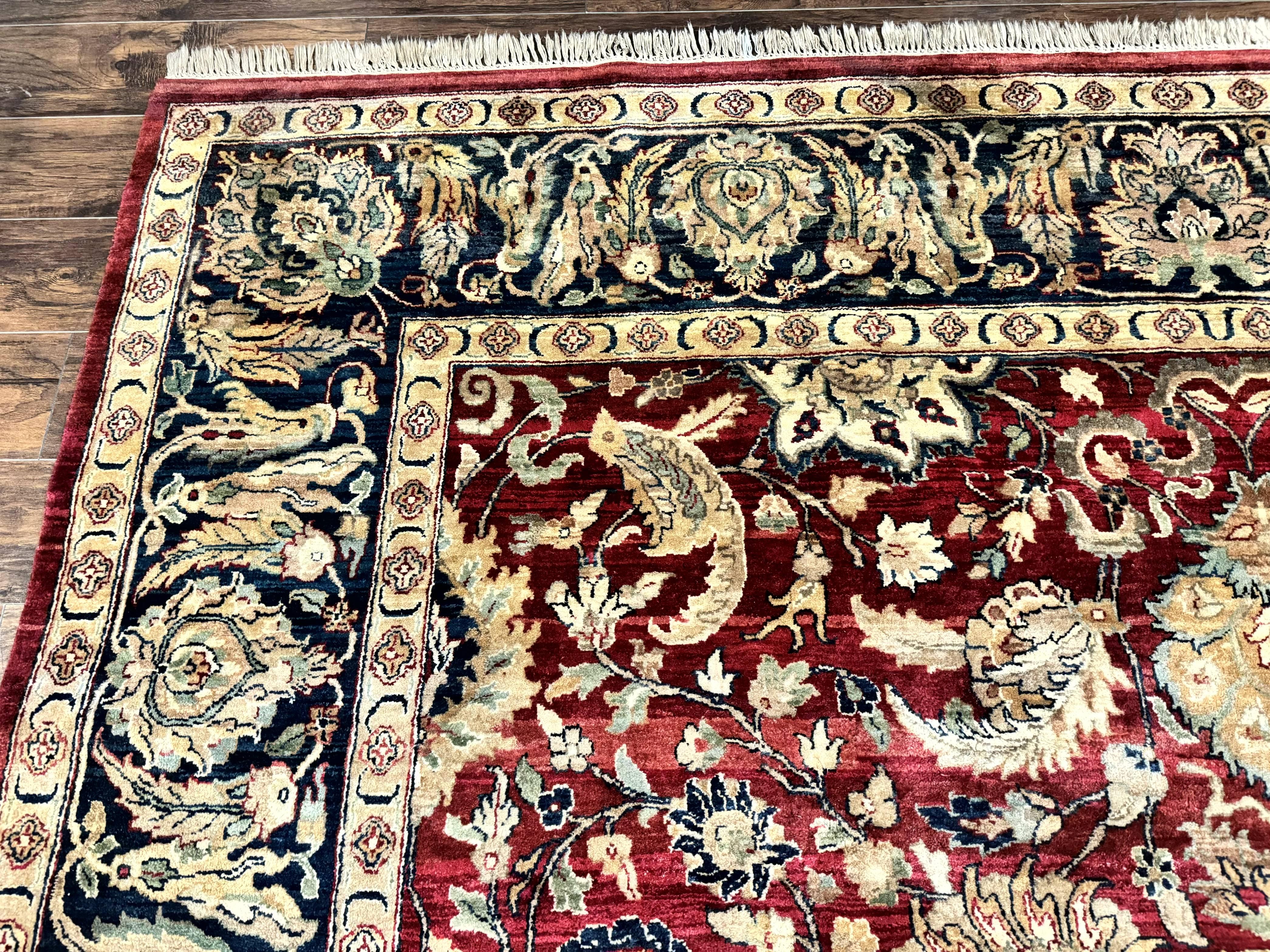 Indo Persian Rug 10x14, Indian Agra Carpet, Vintage Handmade Wool Large Traditional Rug, Dark Red Navy Blue Beige - Jewel Rugs