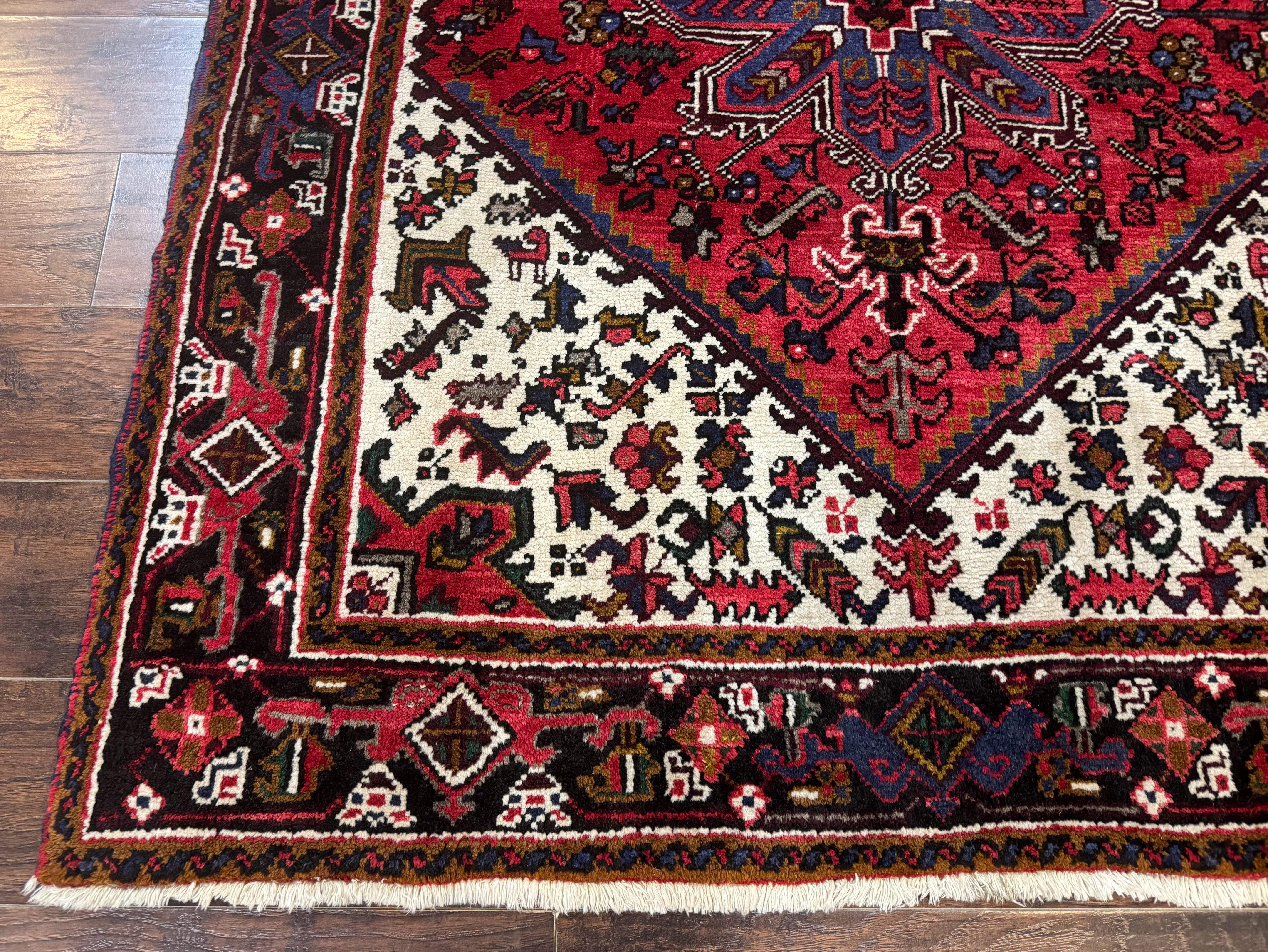Persian Heriz Rug 5x6 – Red and Ivory, Hand-Knotted Wool, Vintage Geometric Carpet - Jewel Rugs