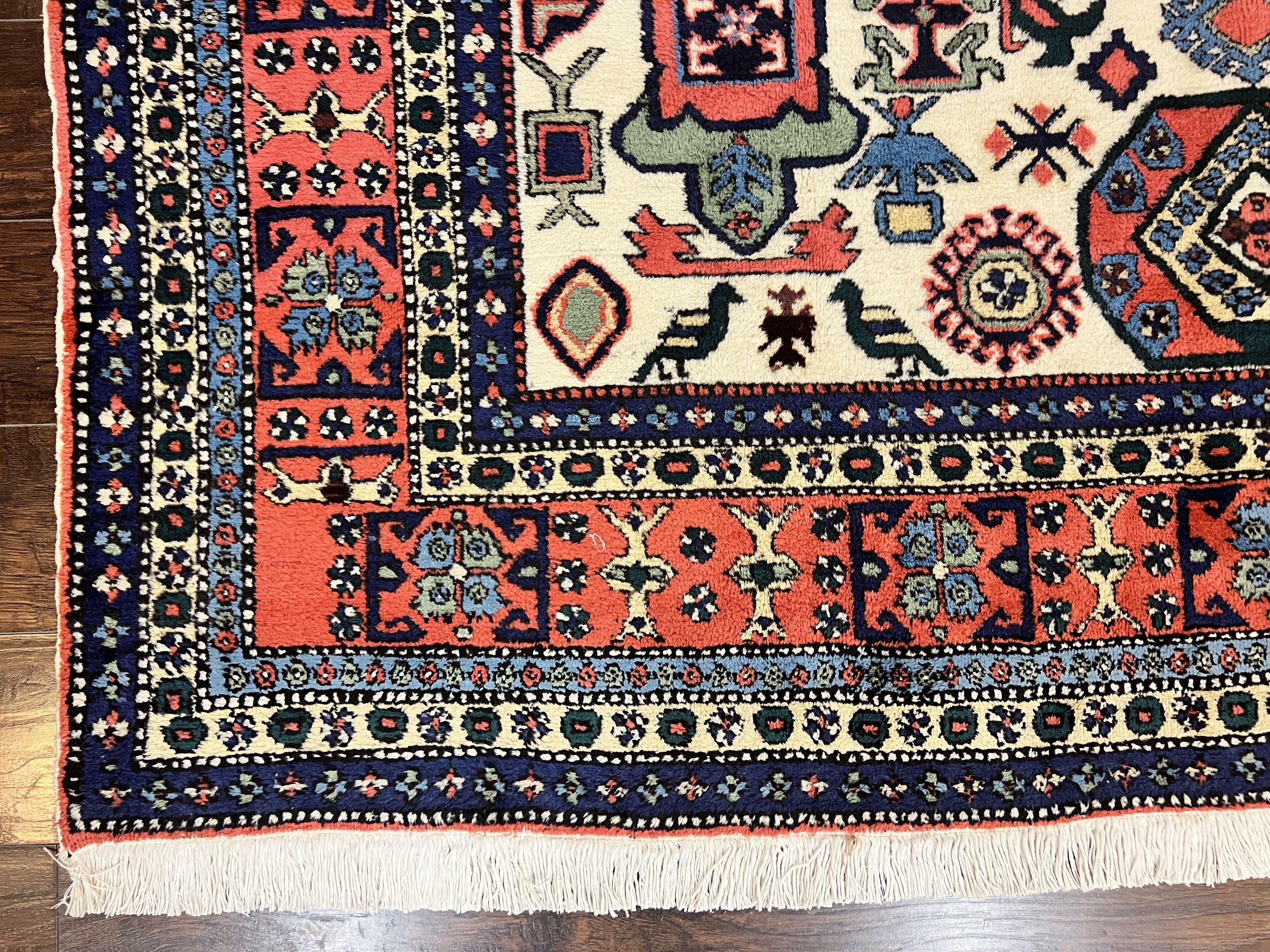 Persian Tribal Rug 8x11, Persian Ardabil Rug, Geometric Medallion Animal Pictorial Rug, Ivory Red Blue, Hand Knotted Vintage Wool Carpet - Jewel Rugs