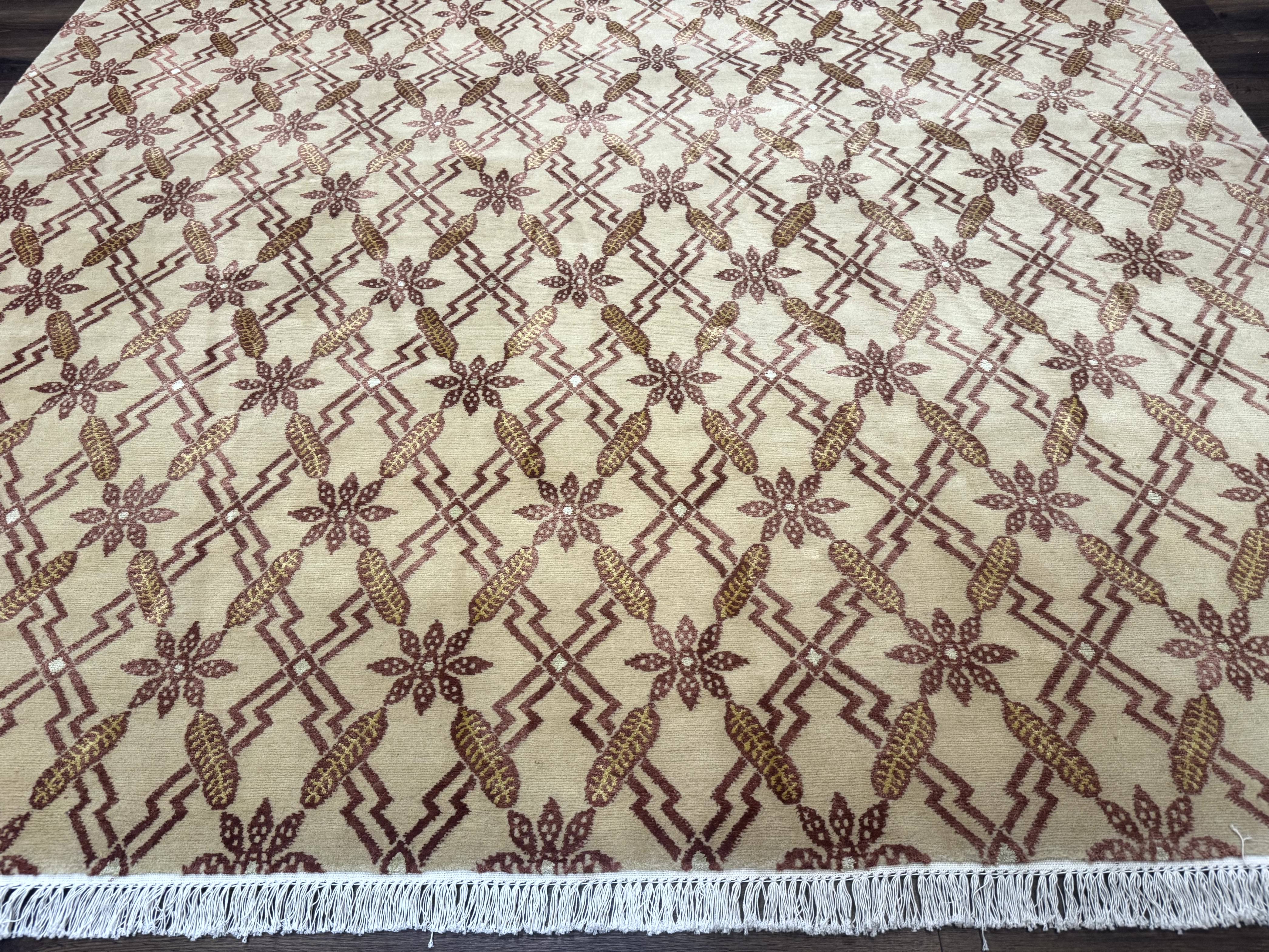 Tibetan Rug 8x10, Wool with Silk Highlights, Beige and Maroon, Contemporary Carpet - Jewel Rugs