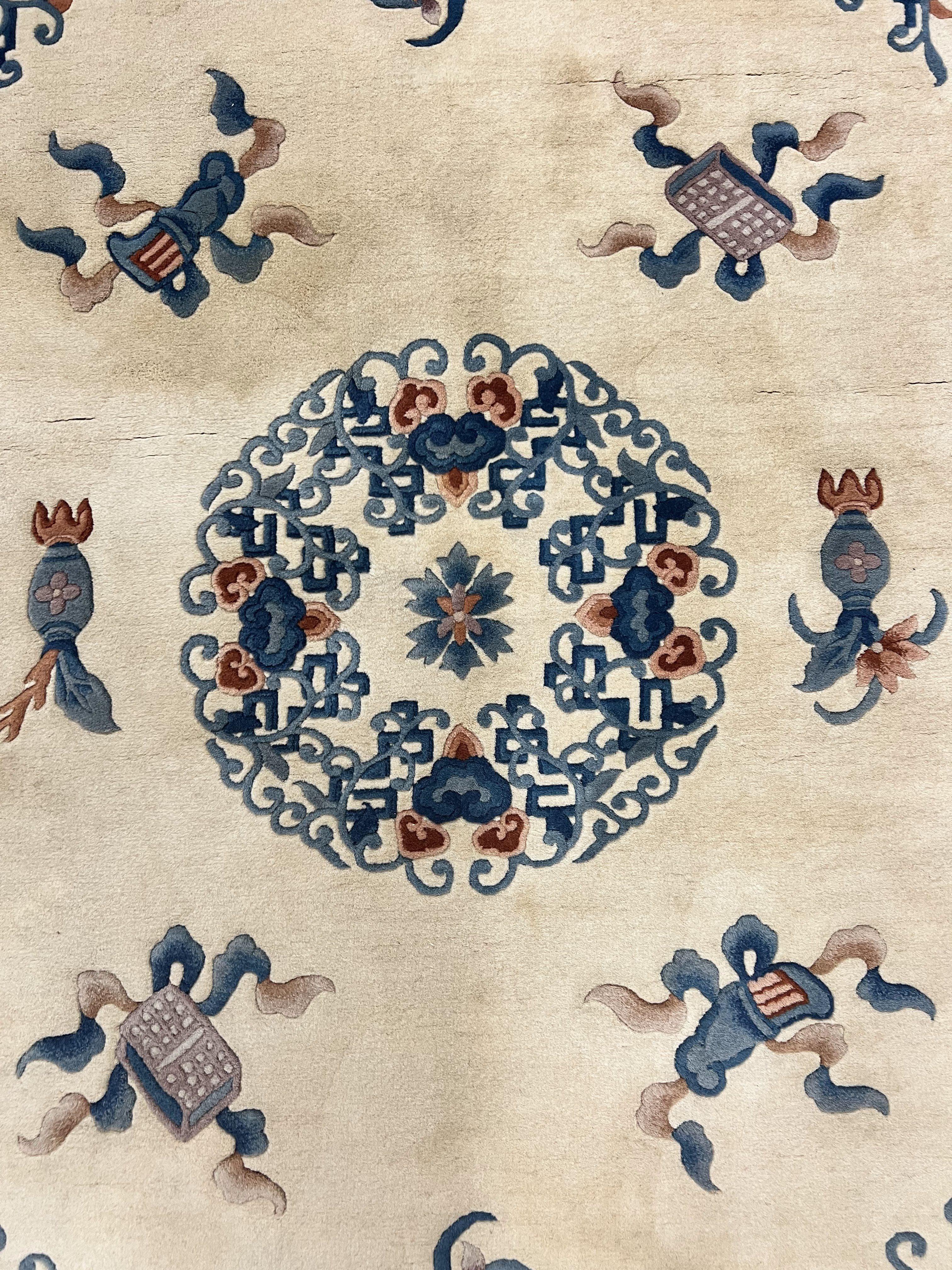 Chinese Wool Rug 5x8, Vintage Art Deco Chinese Carving Sculpture Carpet, Cream and Blue, Handmade Asian Oriental 90 Line Rug - Jewel Rugs