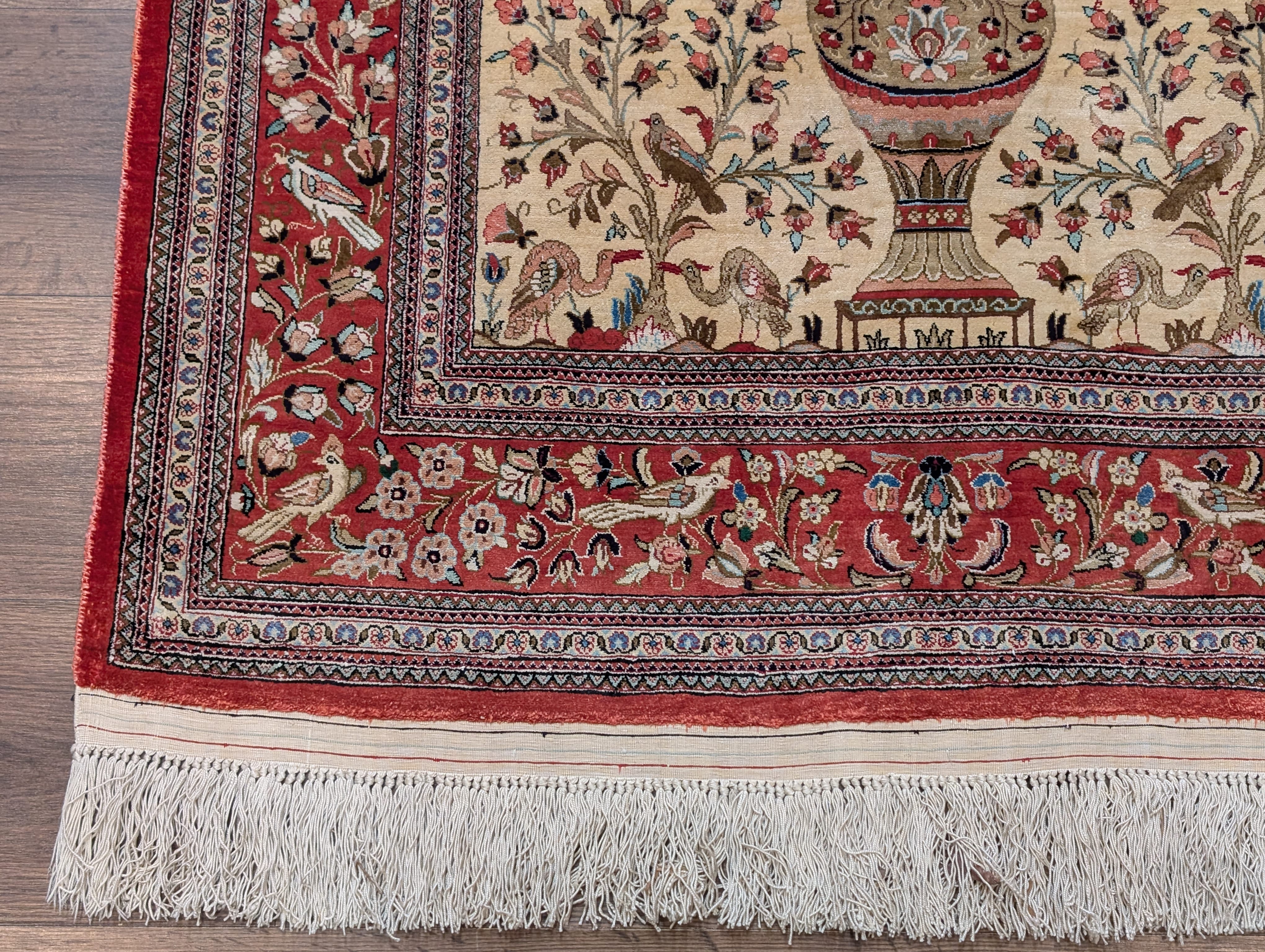 Silk Qum Persian Rug 3x5 – Tree of Life Design with Birds & Vase, 630 KPSI - Jewel Rugs