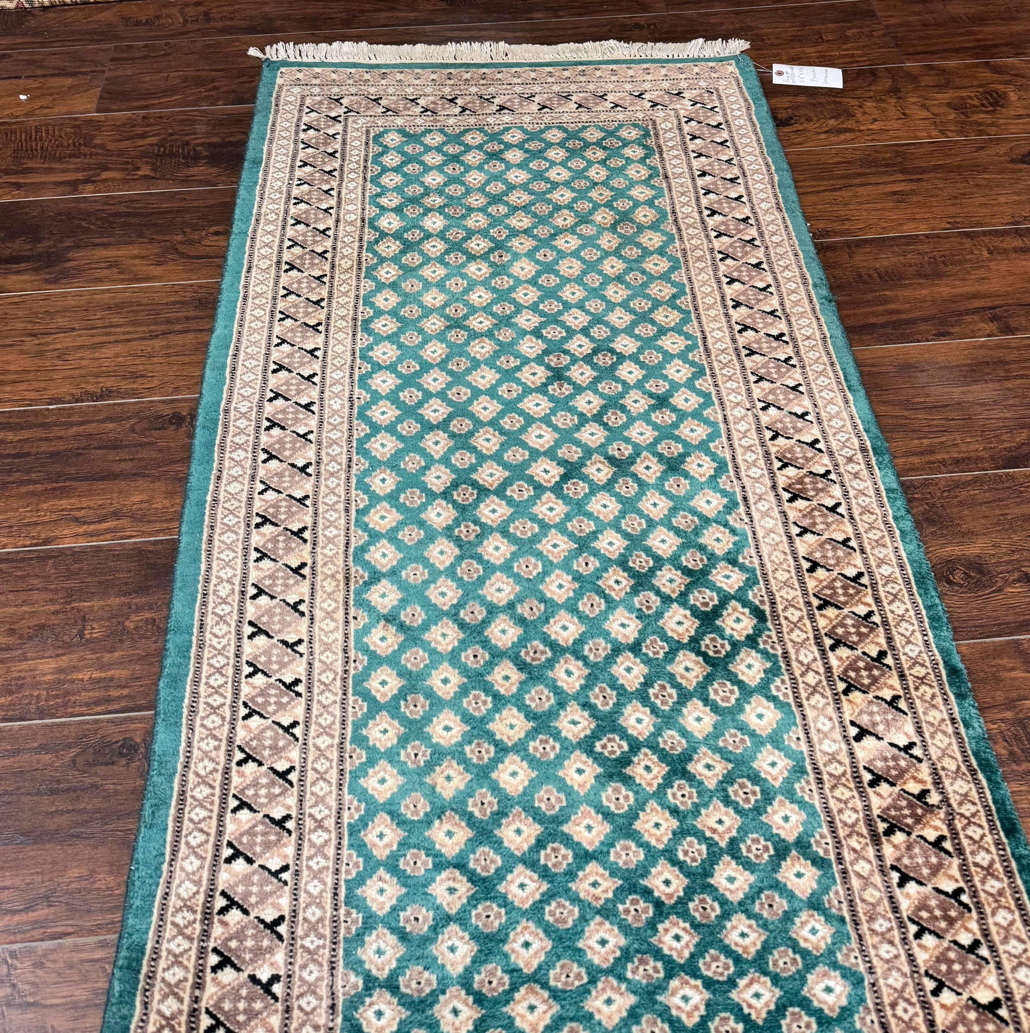 Long Pakistani Runner Rug 2.8 x 20, Hand Knotted Vintage Wool Hallway Rug, Turkoman Rug, Teal and Tan, Handmade Vintage Wool Runner - Jewel Rugs