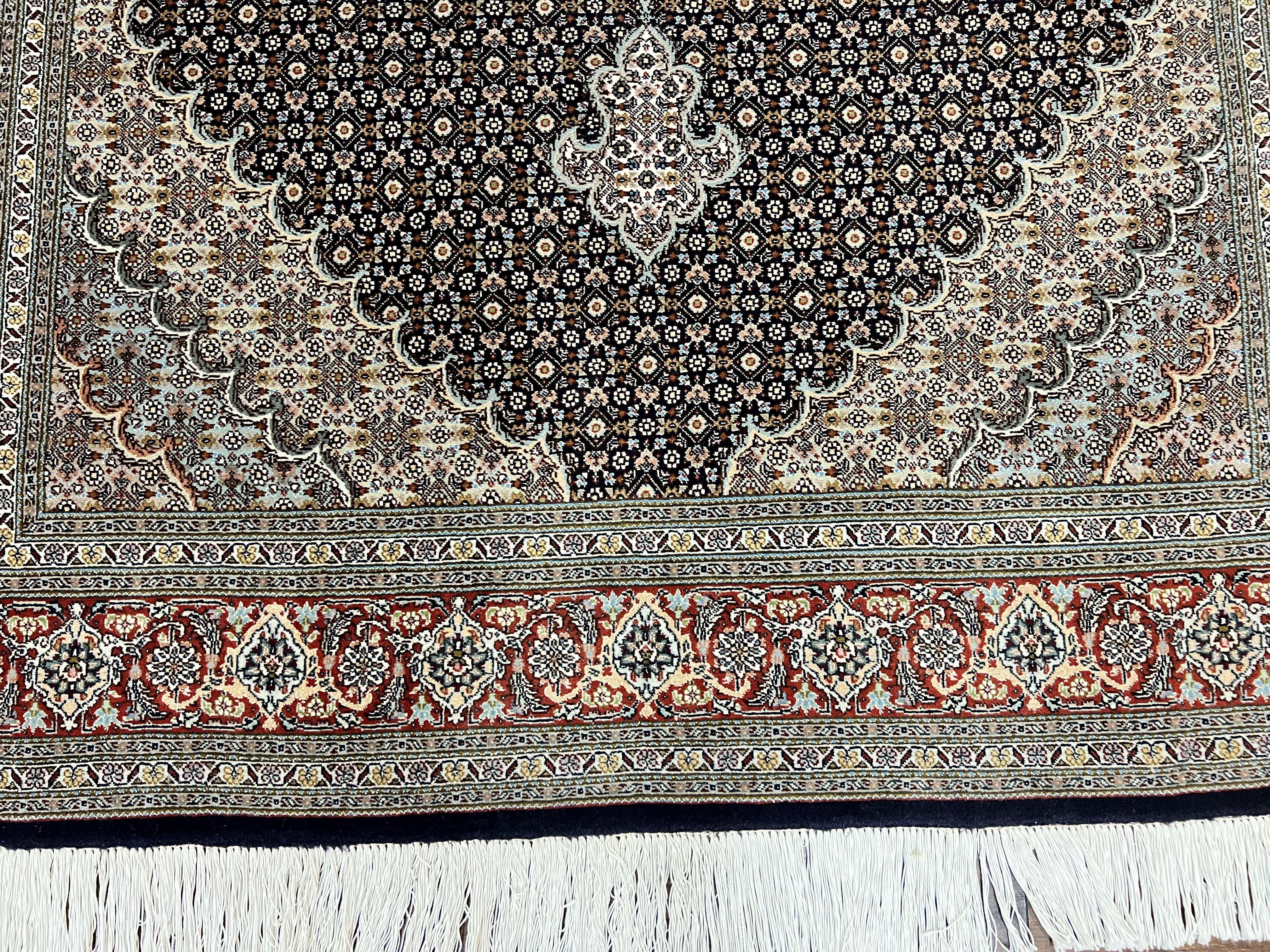 Persian Tabriz Rug 5x7, Wool with Silk Highlights, Hand Knotted Vintage Oriental Carpet, Very Fine, Herati Mahi Pattern, Black, Rare - Jewel Rugs