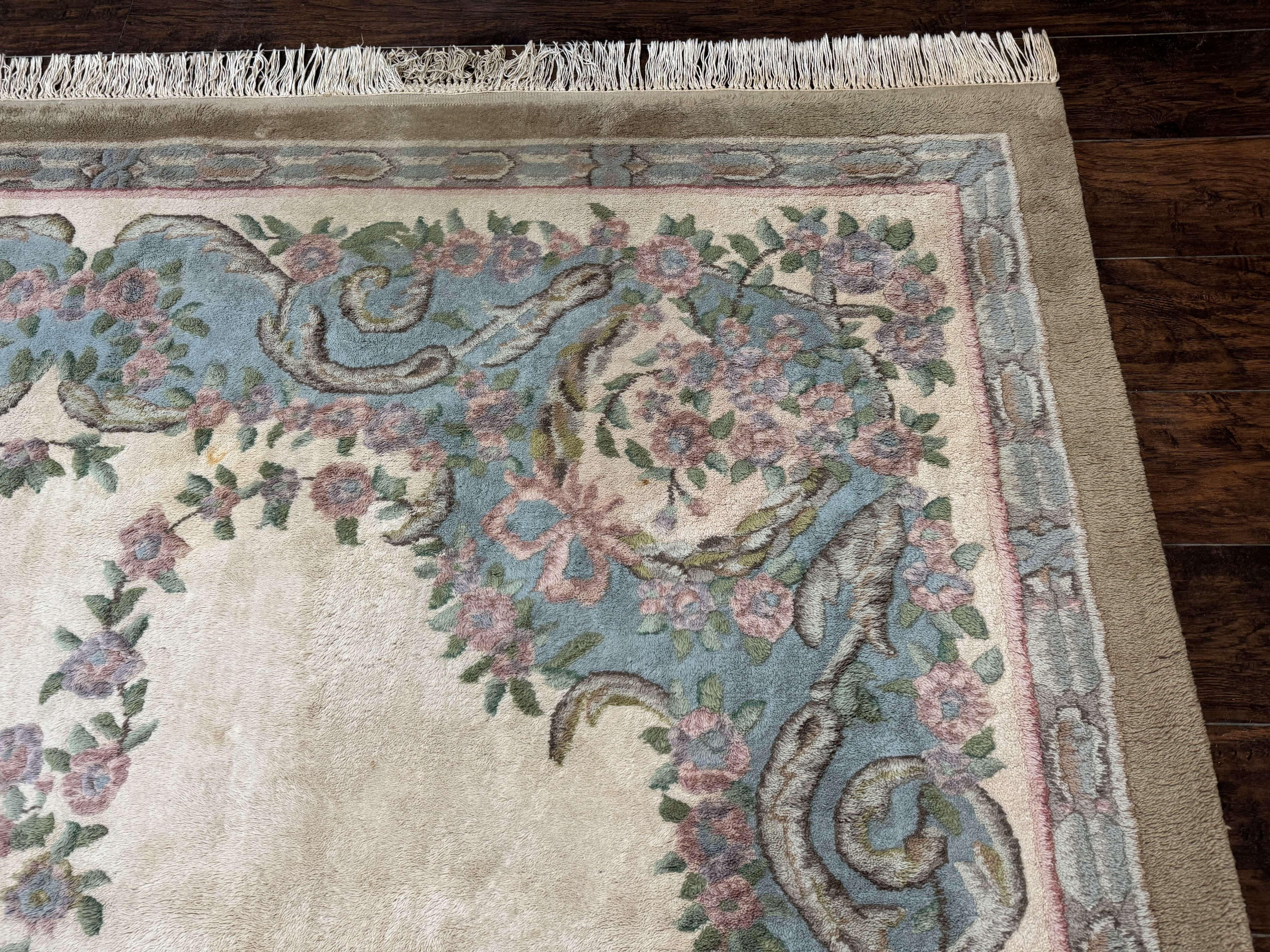 Indo Chinese Aubusson Rug 9x12, Beige and Light Blue, European Design, Wool Area Rug - Jewel Rugs