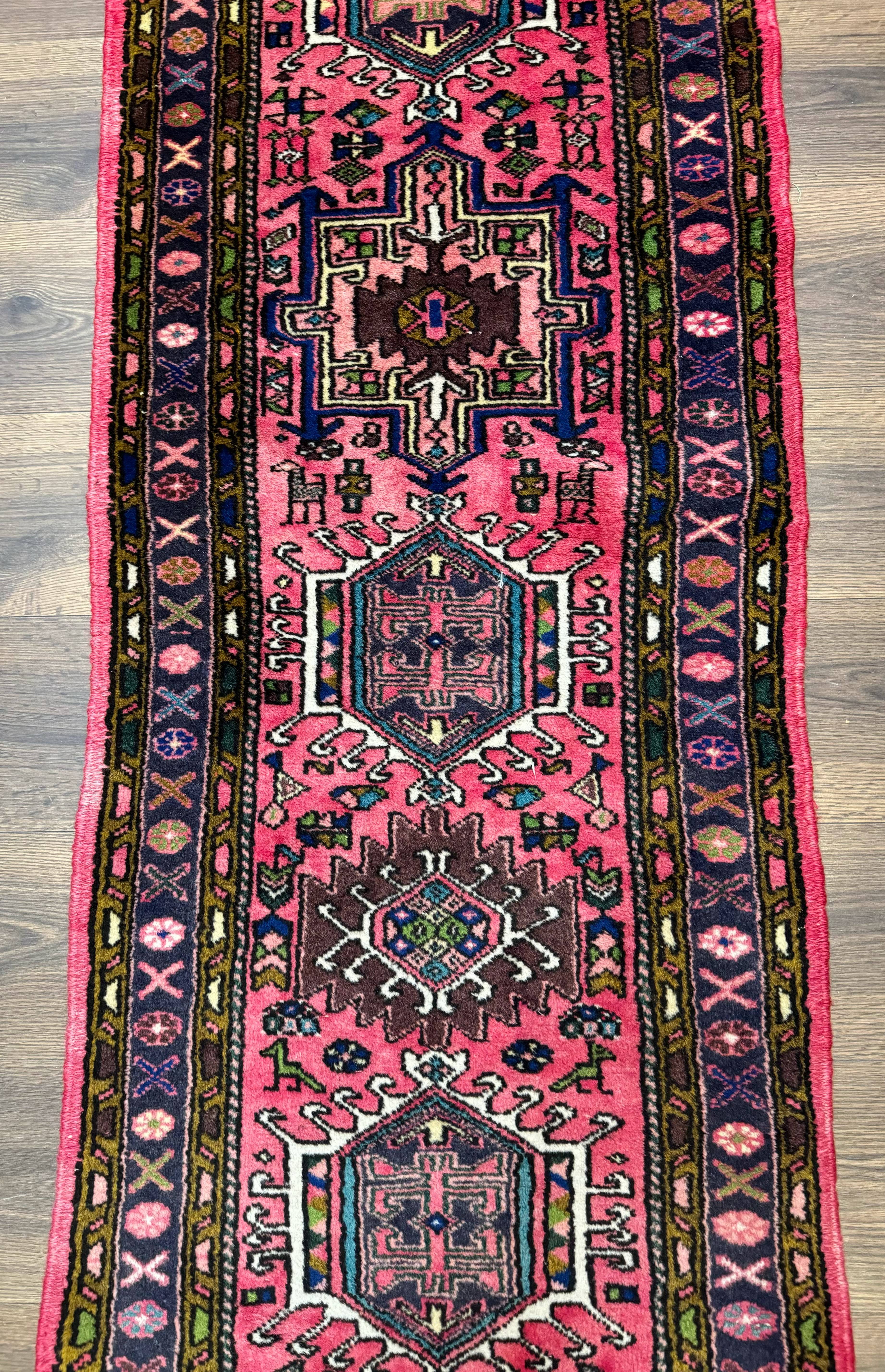 Vintage Persian Karajeh Runner Rug 2 x 9.8, Pink and Navy, Geometric Design - Jewel Rugs