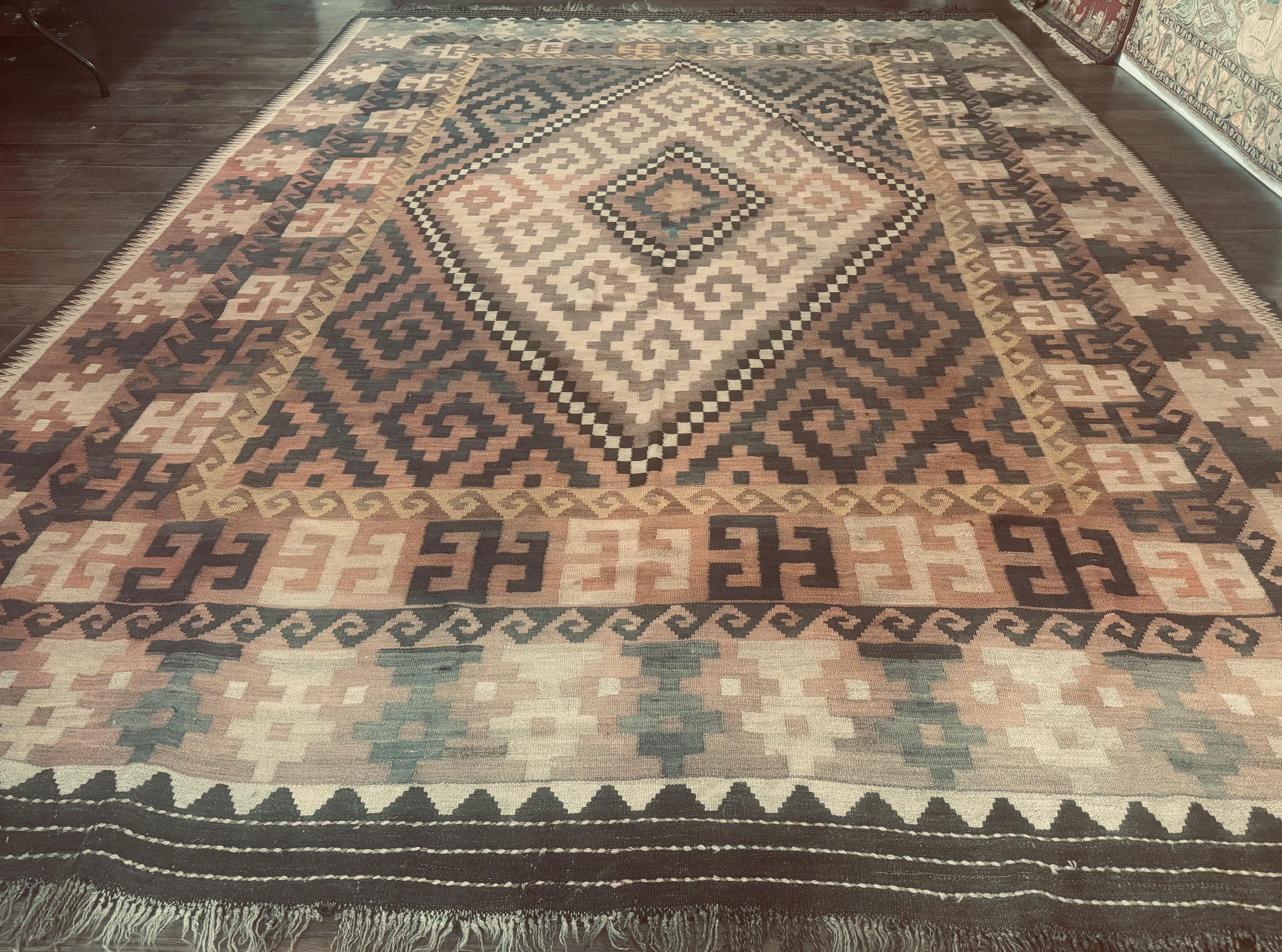 Antique Persian Tribal Kilim Rug 9x12, Zig Zag Pattern Kilim, Zarand Rug, Wool, Earth Tone Colors - Jewel Rugs