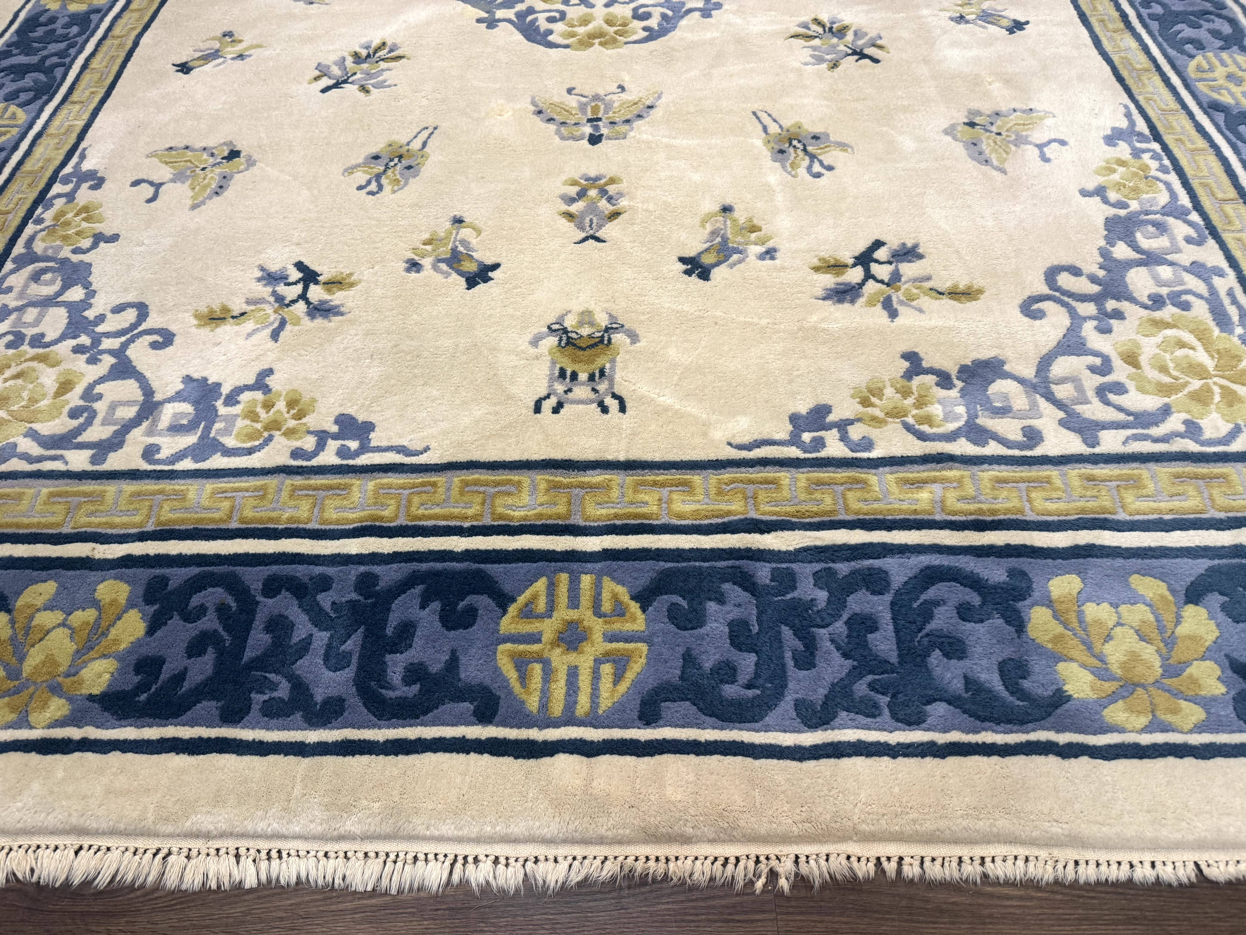 Indo Chinese Wool Rug 9x12 Beige Blue Butterflies Flowers - Jewel Rugs