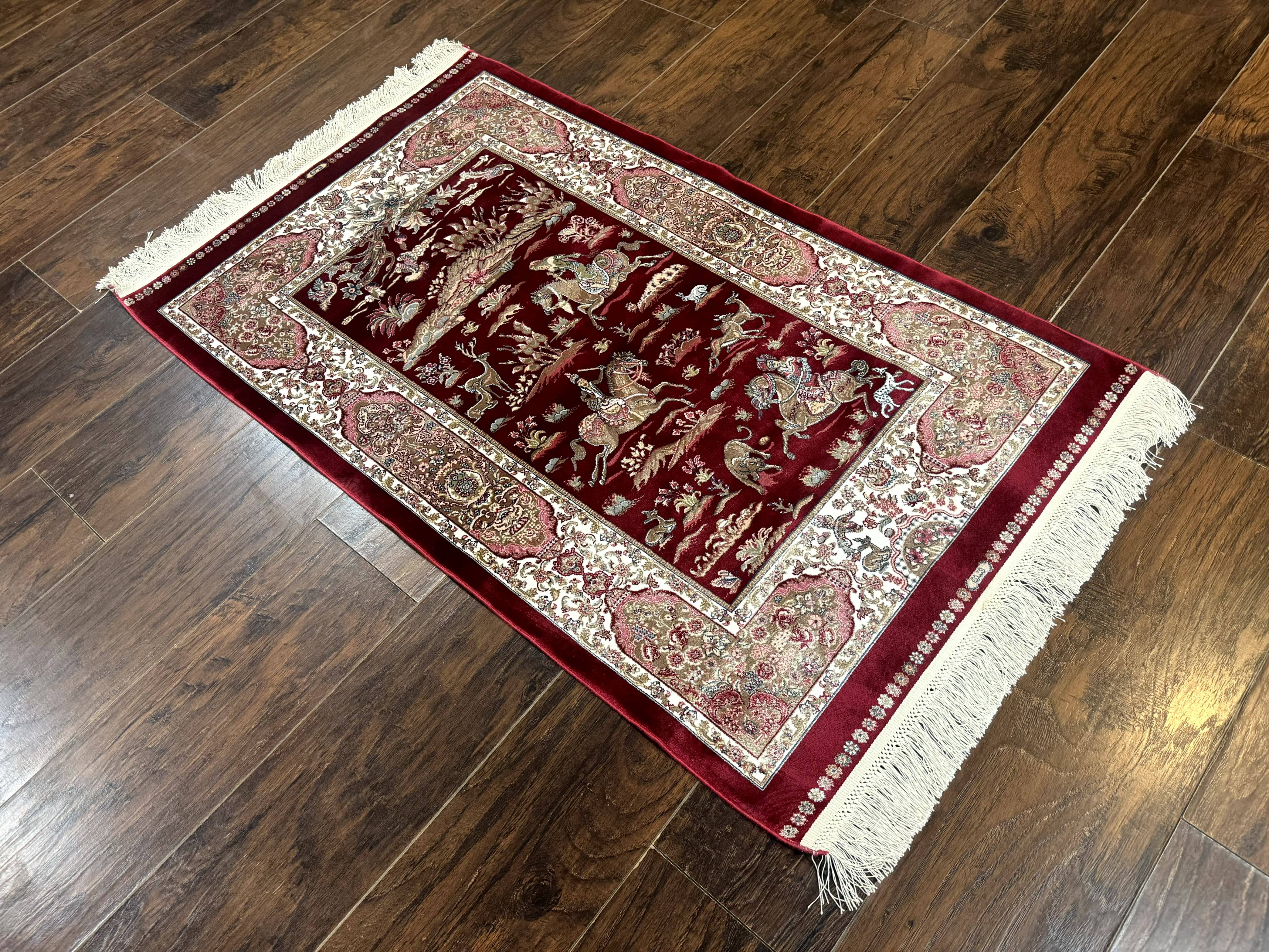 Dark Red Turkish Silk Rug 2.6 x 4, Hunting Design Scene, Bamboo Silk - Jewel Rugs