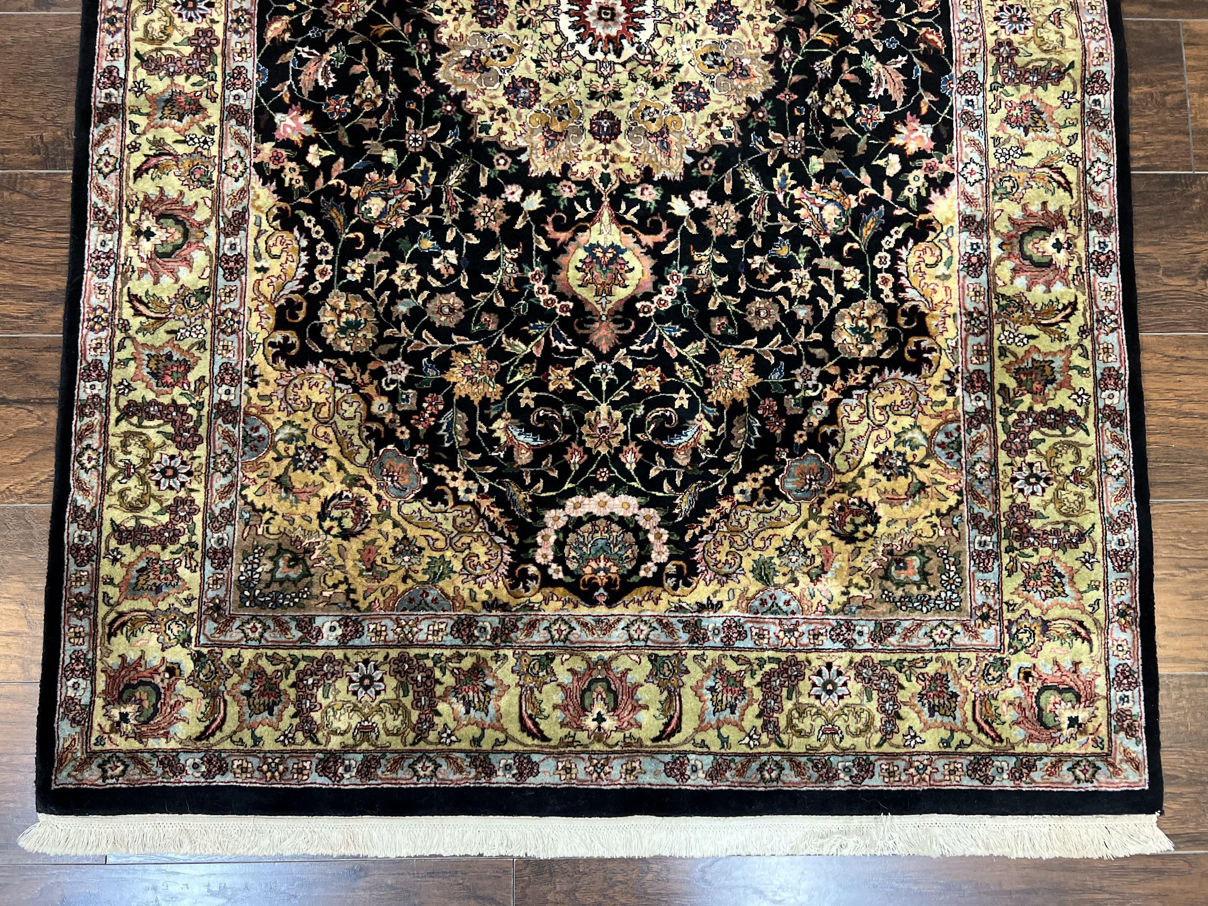 Indo Persian Rug 4x6, Fine Highly Detailed Indian Oriental Carpet 4 x 6 ft, Floral Medallion, Unique Colors, Black Light Gold, Wool Handmade - Jewel Rugs