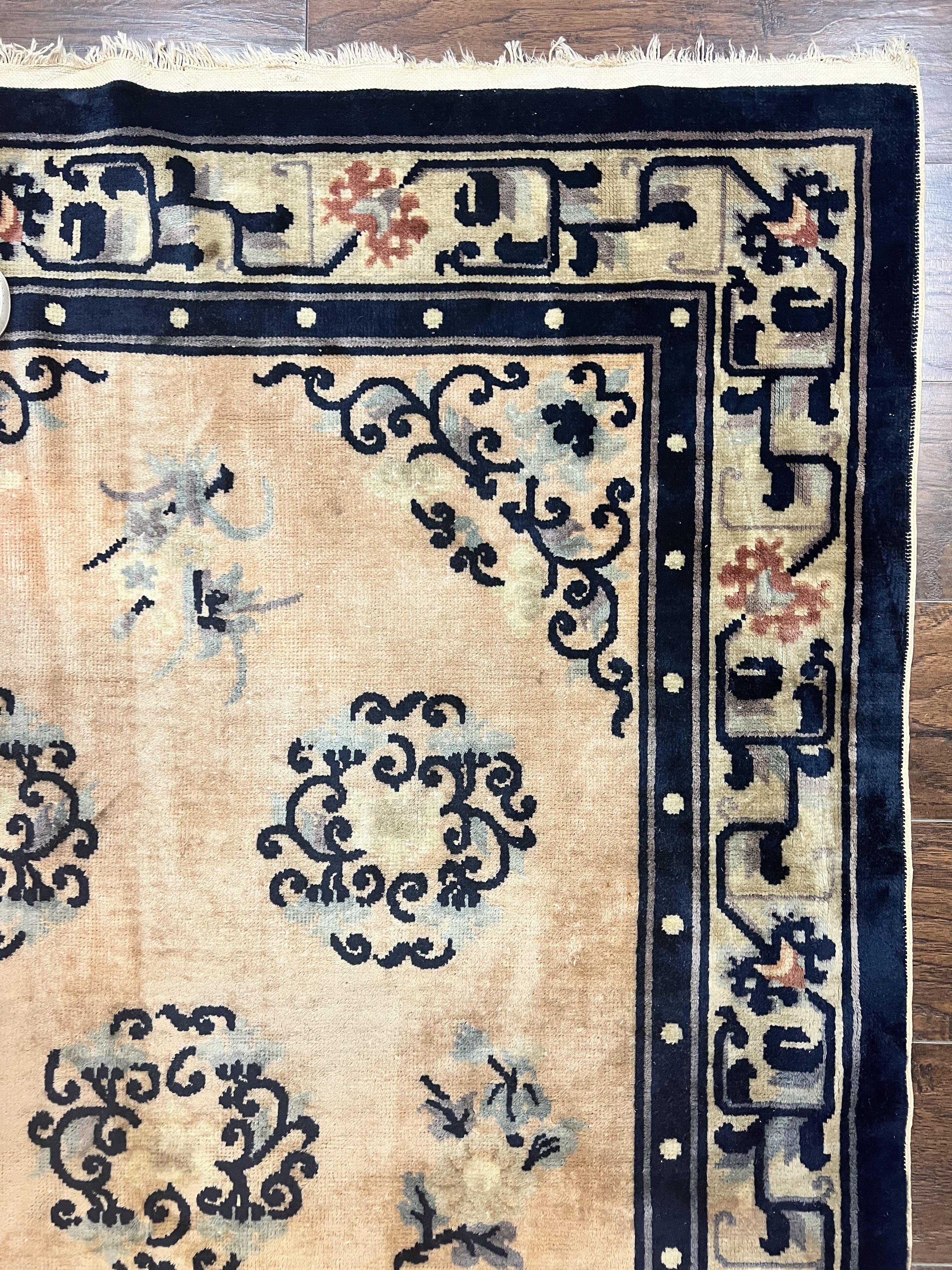 Chinese Peking Rug 4x6, Wool Hand Knotted Handmade Vintage Semi Antique Carpet, Semi Open Field, Light Peach & Navy Blue, Art Deco Rug - Jewel Rugs