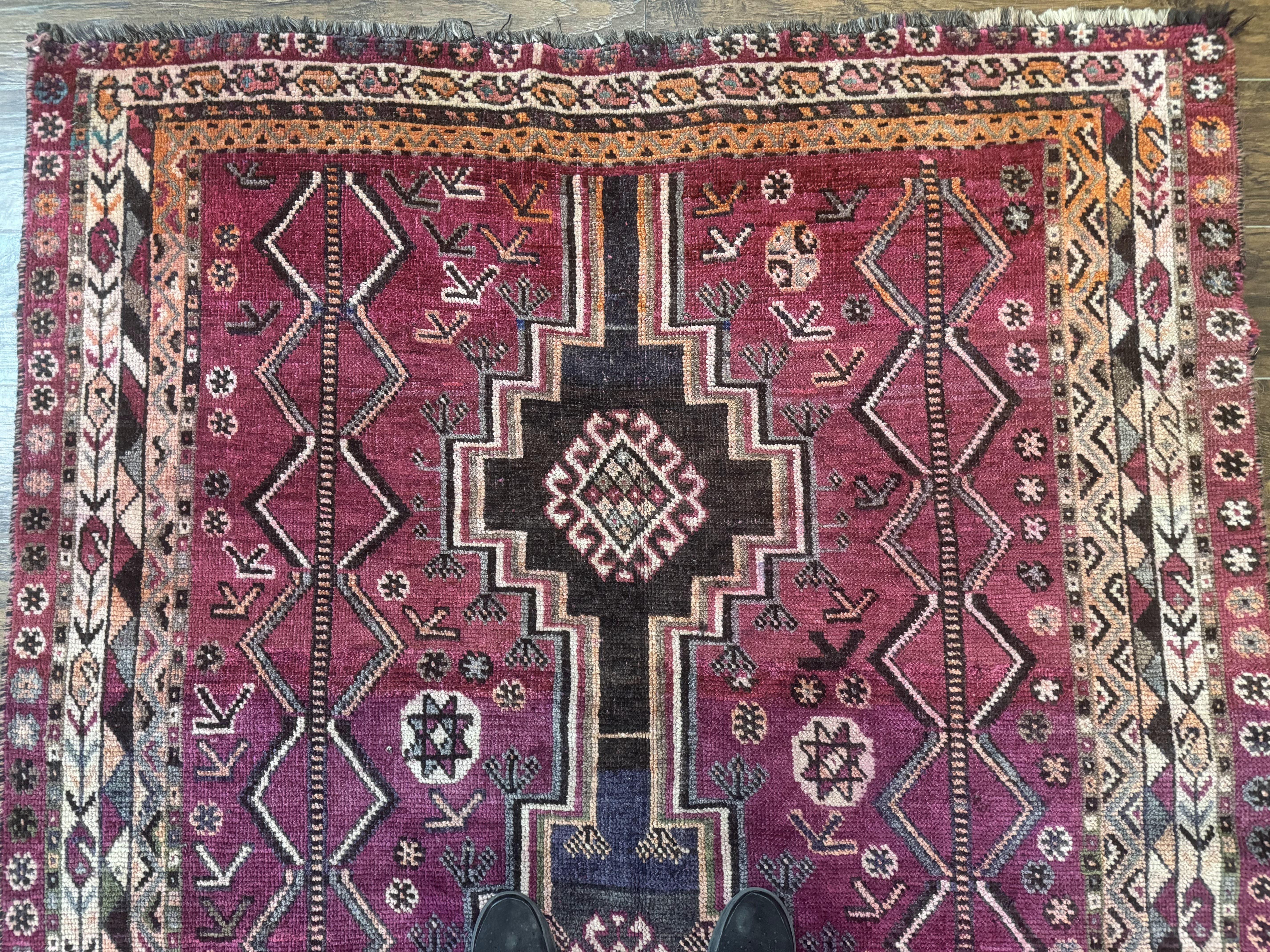 Persian Tribal Shiraz Rug 5x8, Geometric, Raspberry Red and Charcoal, Antique Persian Carpet - Jewel Rugs