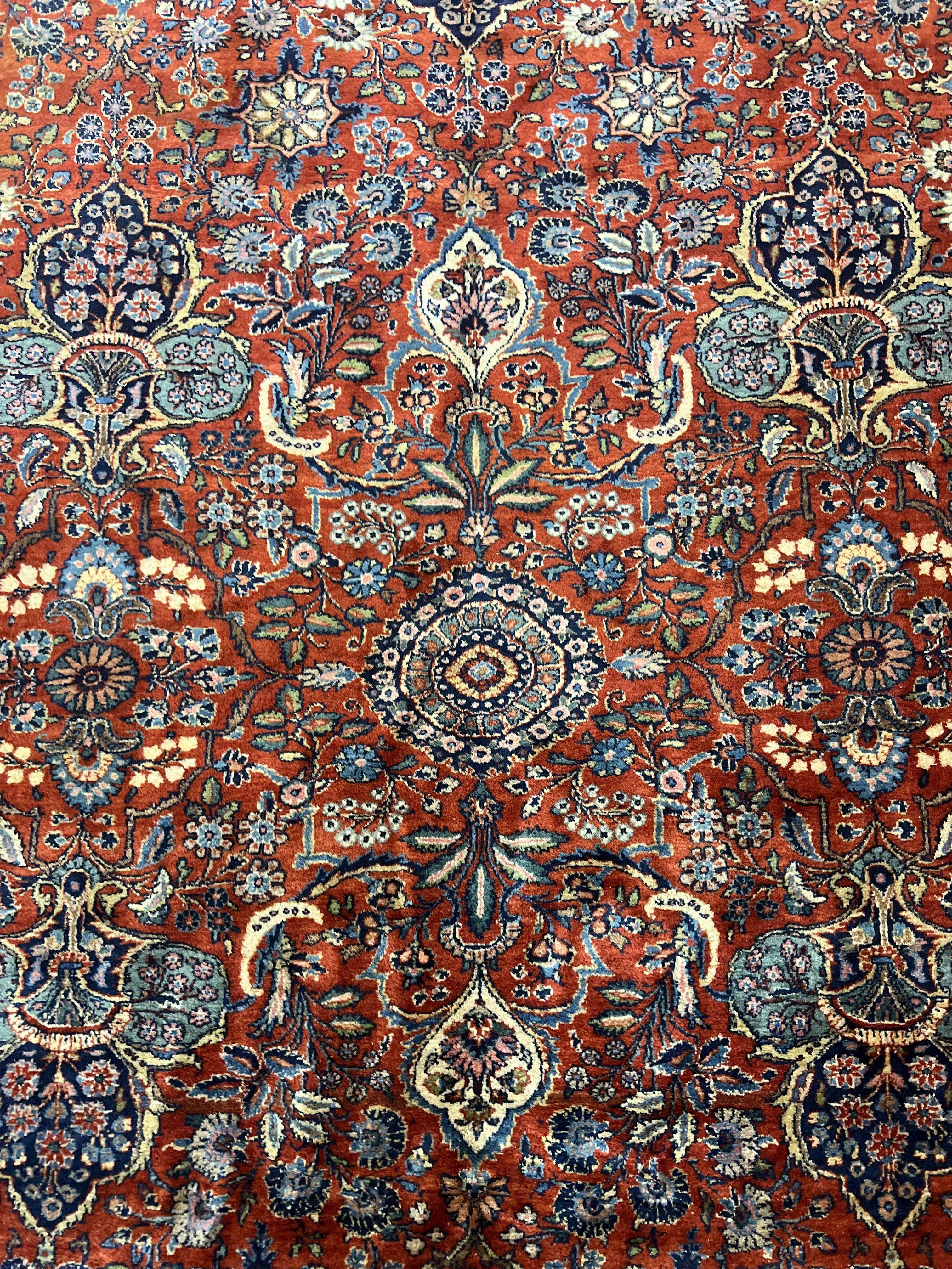 Persian Sarouk Rug 9x12, Red and Dark Blue Floral Allover Antique Persian Carpet, Handmade Wool Qazvin Rug - Jewel Rugs