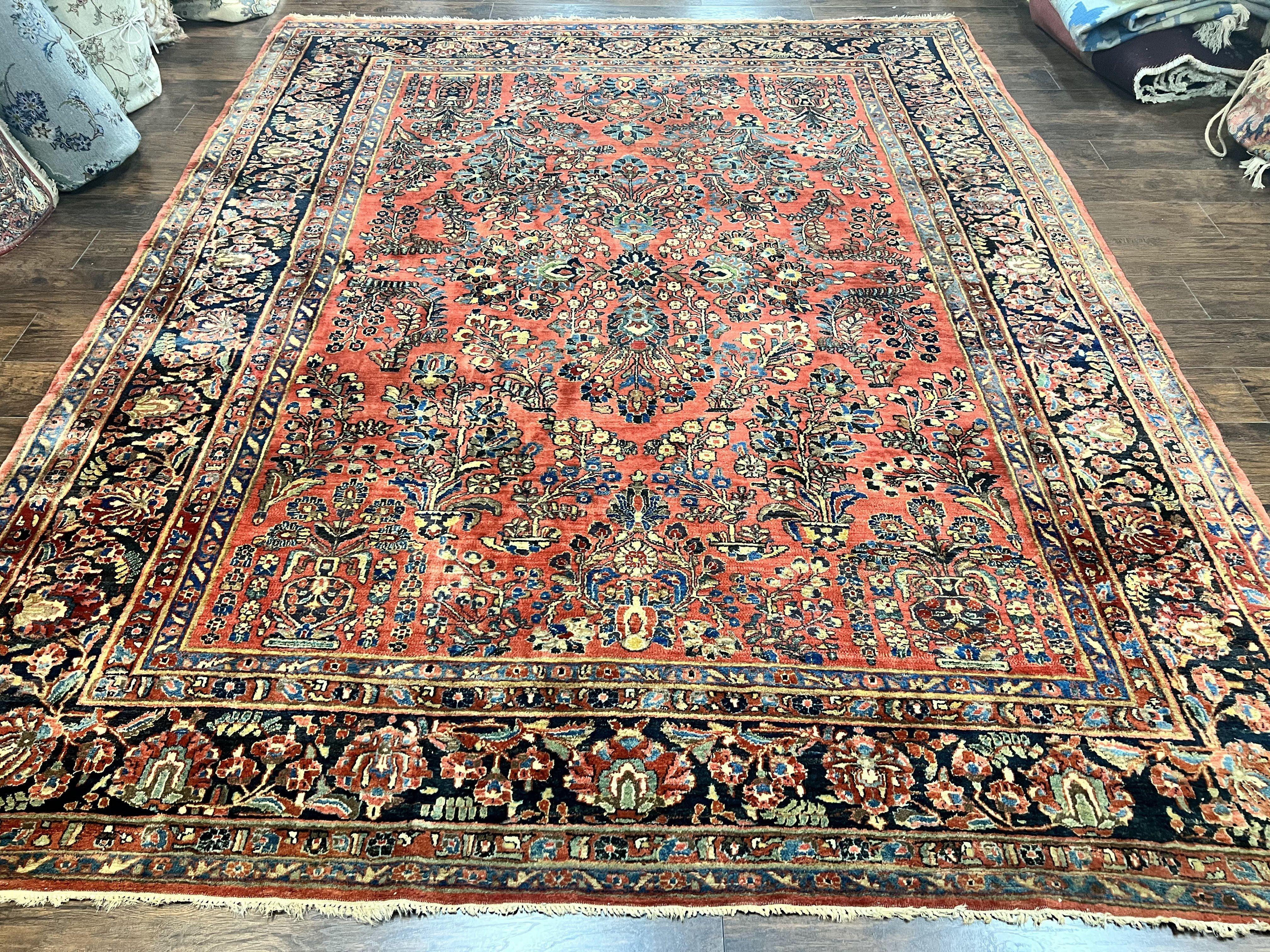 Antique Persian Sarouk Rug 9x11, Red Floral Allover, Rare 1920s Wool Carpet - Jewel Rugs