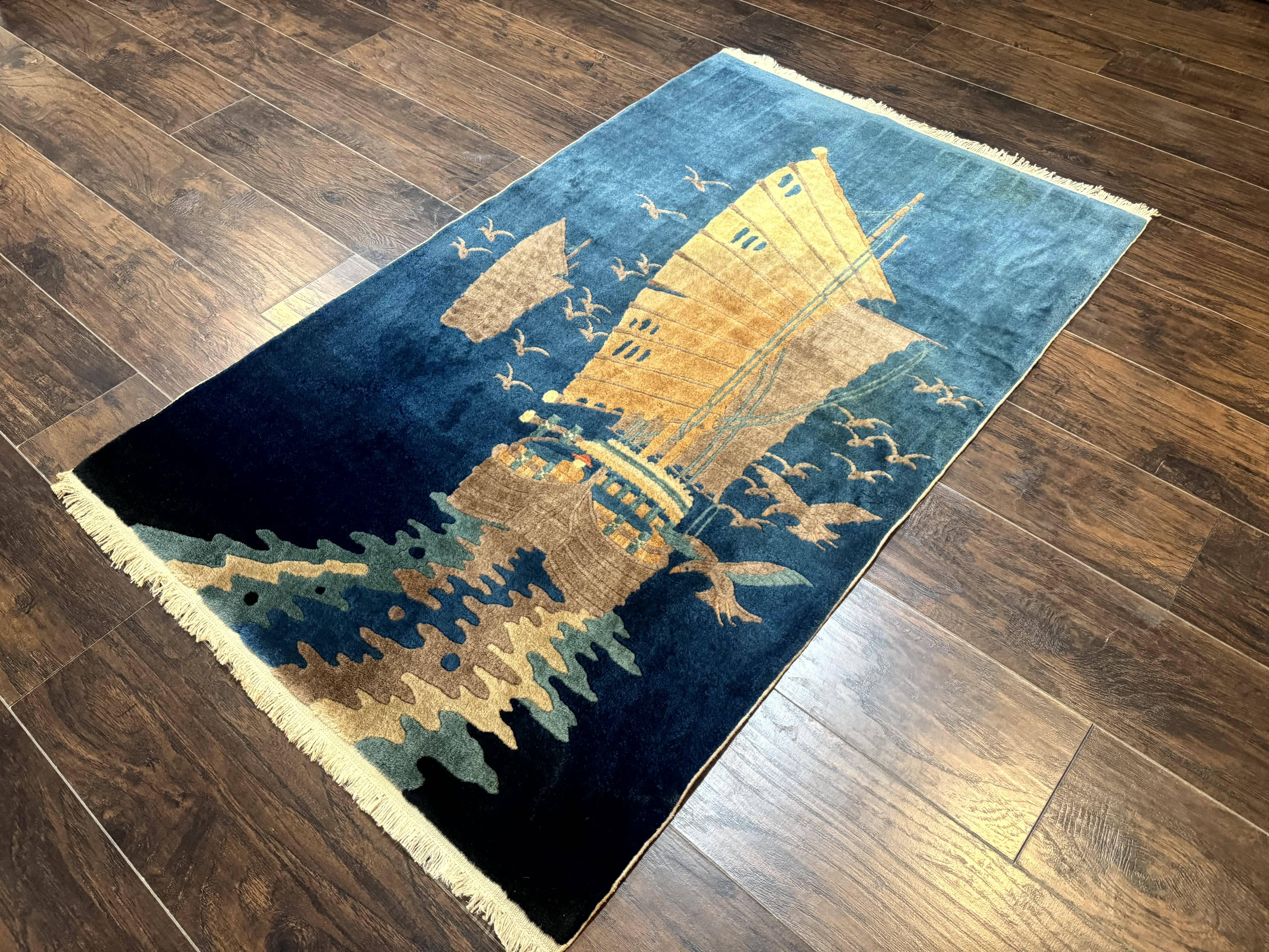 Chinese Art Deco Rug 3x5, Blue, Sailboat and Birds, Seagulls, Ocean, Vintage, Handmade, Chinese Wool Rug, Peking Rug - Jewel Rugs