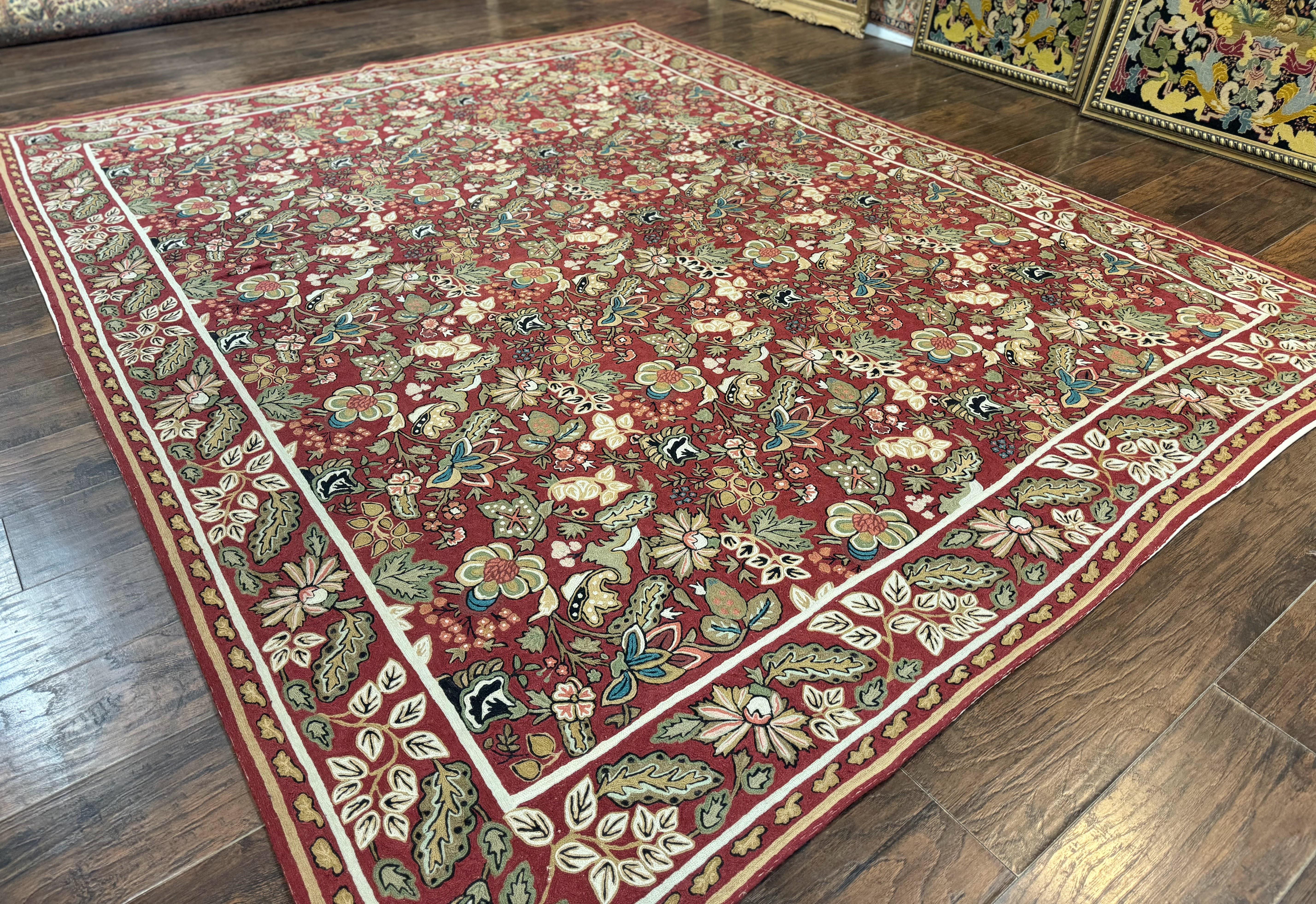 Indian Hand Stitched Rug 8x10, Large Vintage Floral Handmade Carpet, Dark Red Multicolor - Jewel Rugs