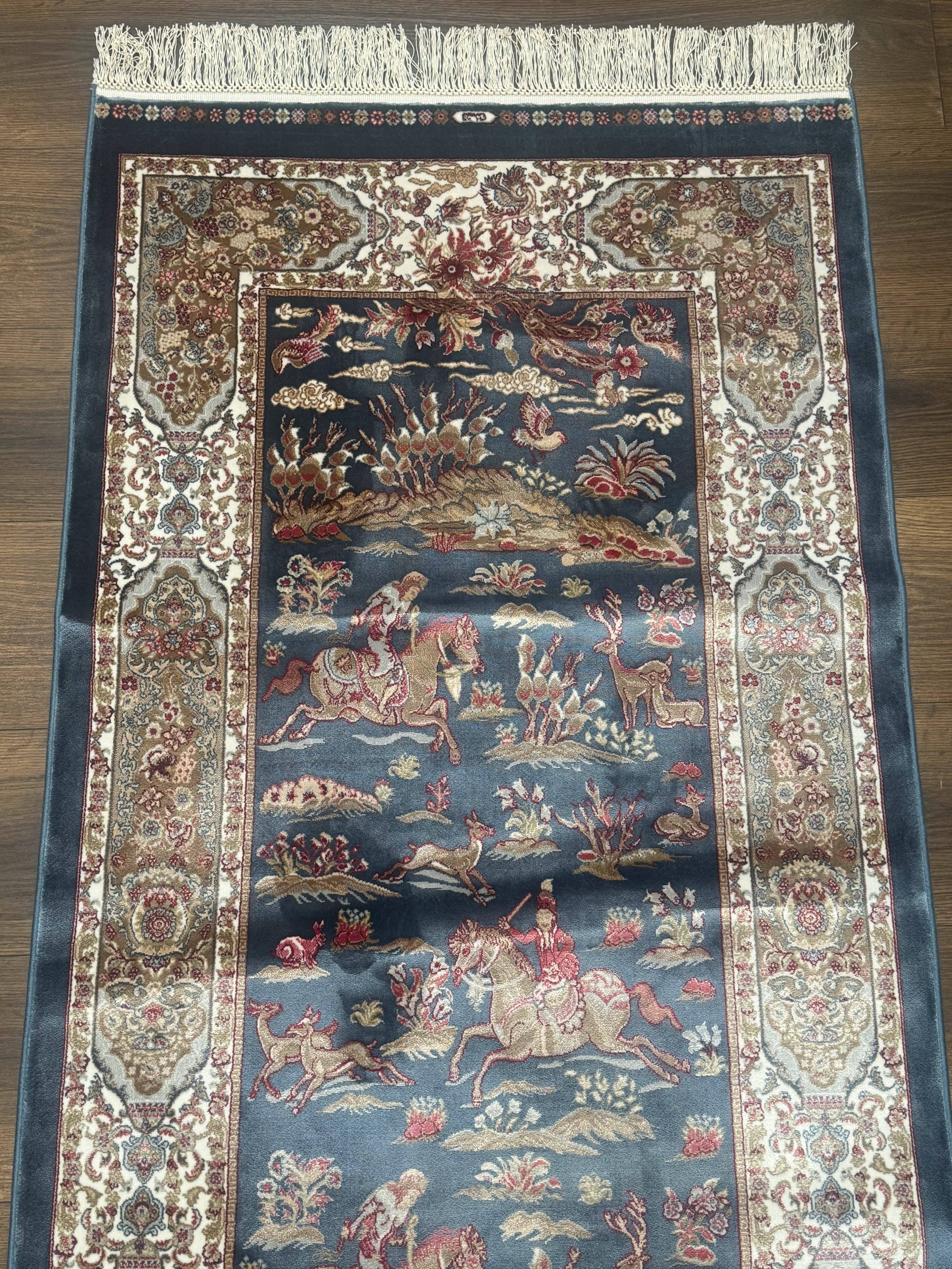 Turkish Runner Rug 2.6 x 8, Hunting Design, Blue & Ivory, Bamboo Silk, New - Jewel Rugs