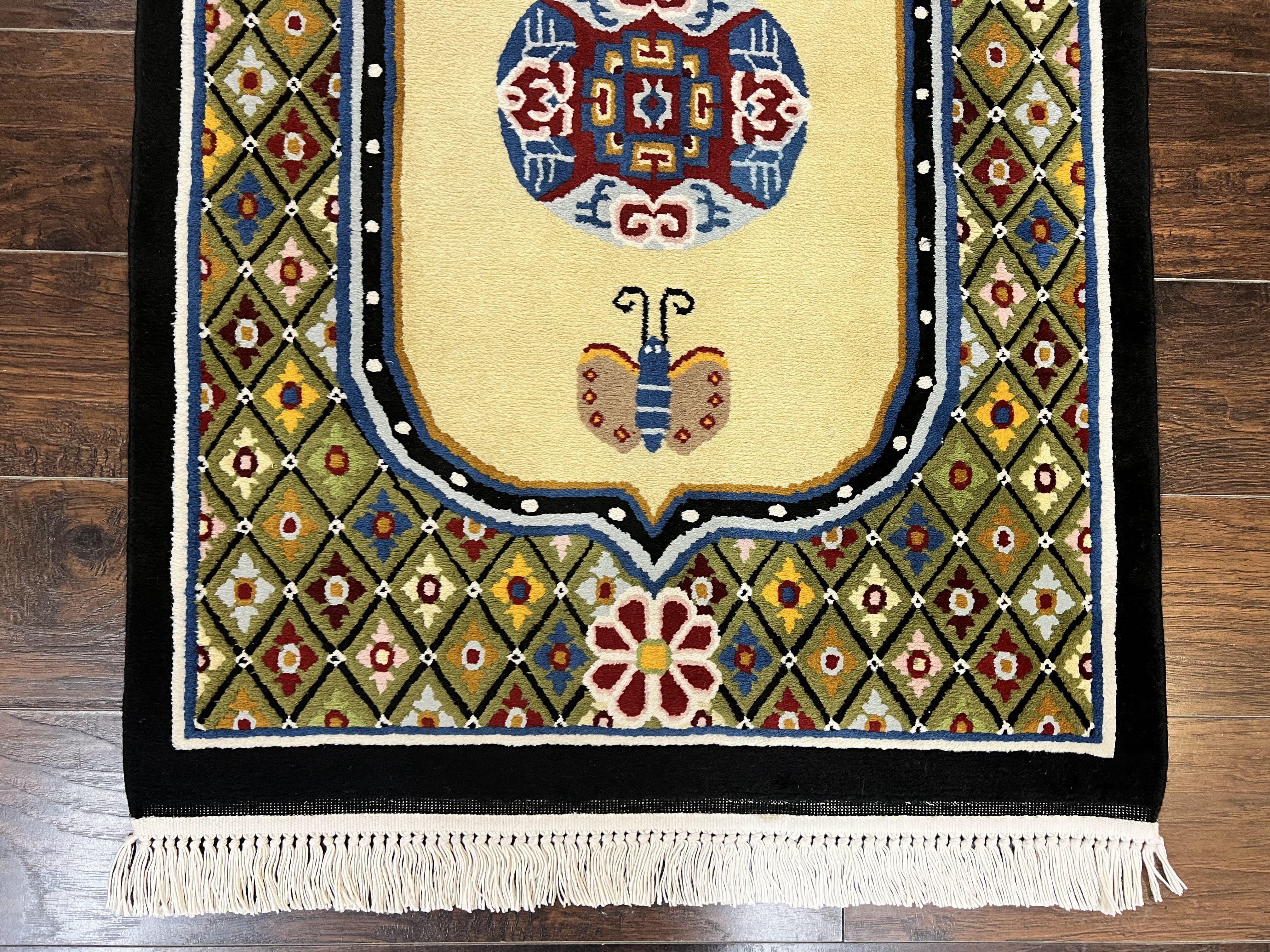 Chinese Rug 3x6 ft, Chinese Wool Rug, Tiensin Rug, Handmade Wool 3 x 6 Vintage Peking Rug, Art Deco Rug, Butterflies - Jewel Rugs