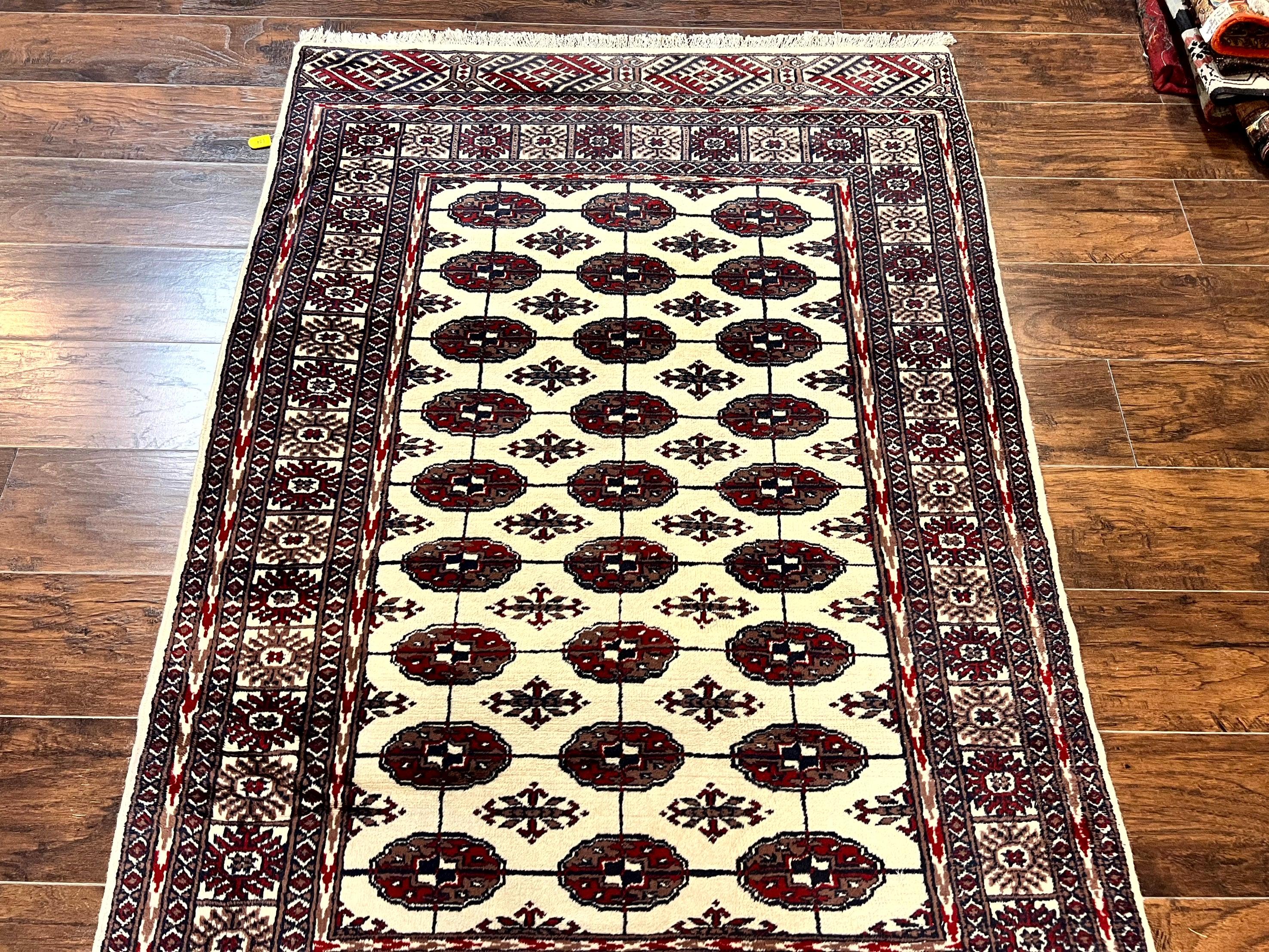 Pakistani Bokhara Rug 4x6, Turkoman Carpet, Vintage Handmade Wool Rug, Ivory - Jewel Rugs