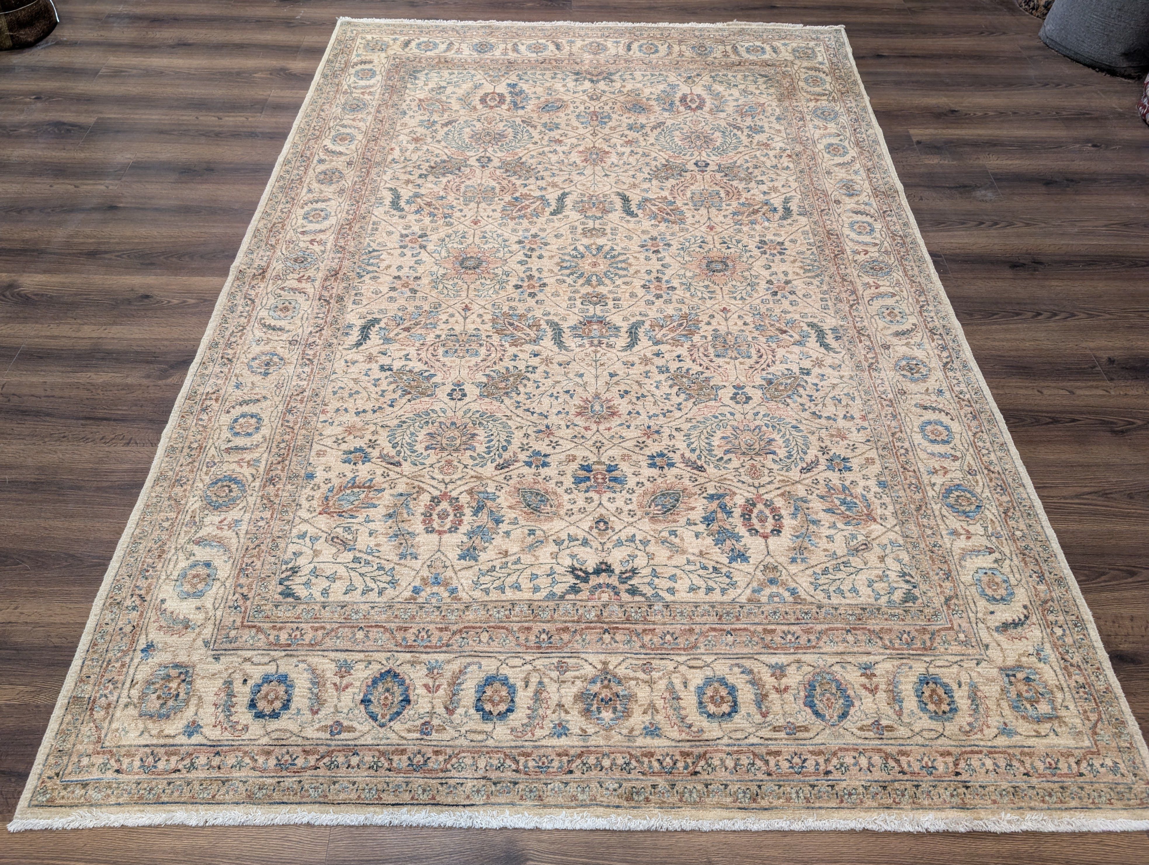 Persian Kashan Rug 6x9 – Oat and Blue Hand Knotted Wool Carpet, Light Colors, 200 KPSI - Jewel Rugs