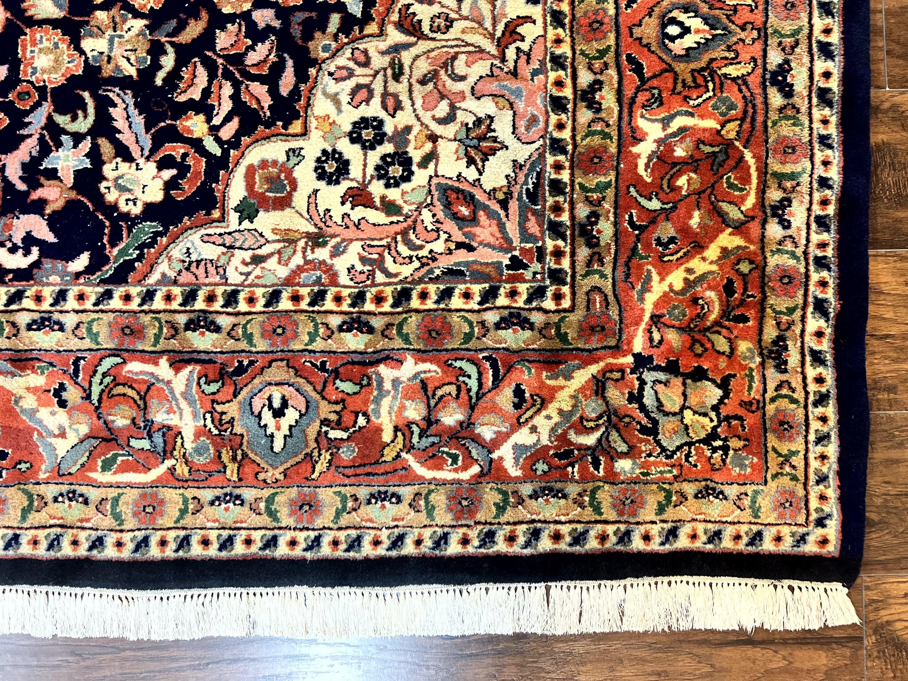 Indo Persian Rug 8x10, Midnight Blue & Red, Handmade Vintage Wool Carpet, Floral Medallion - Jewel Rugs
