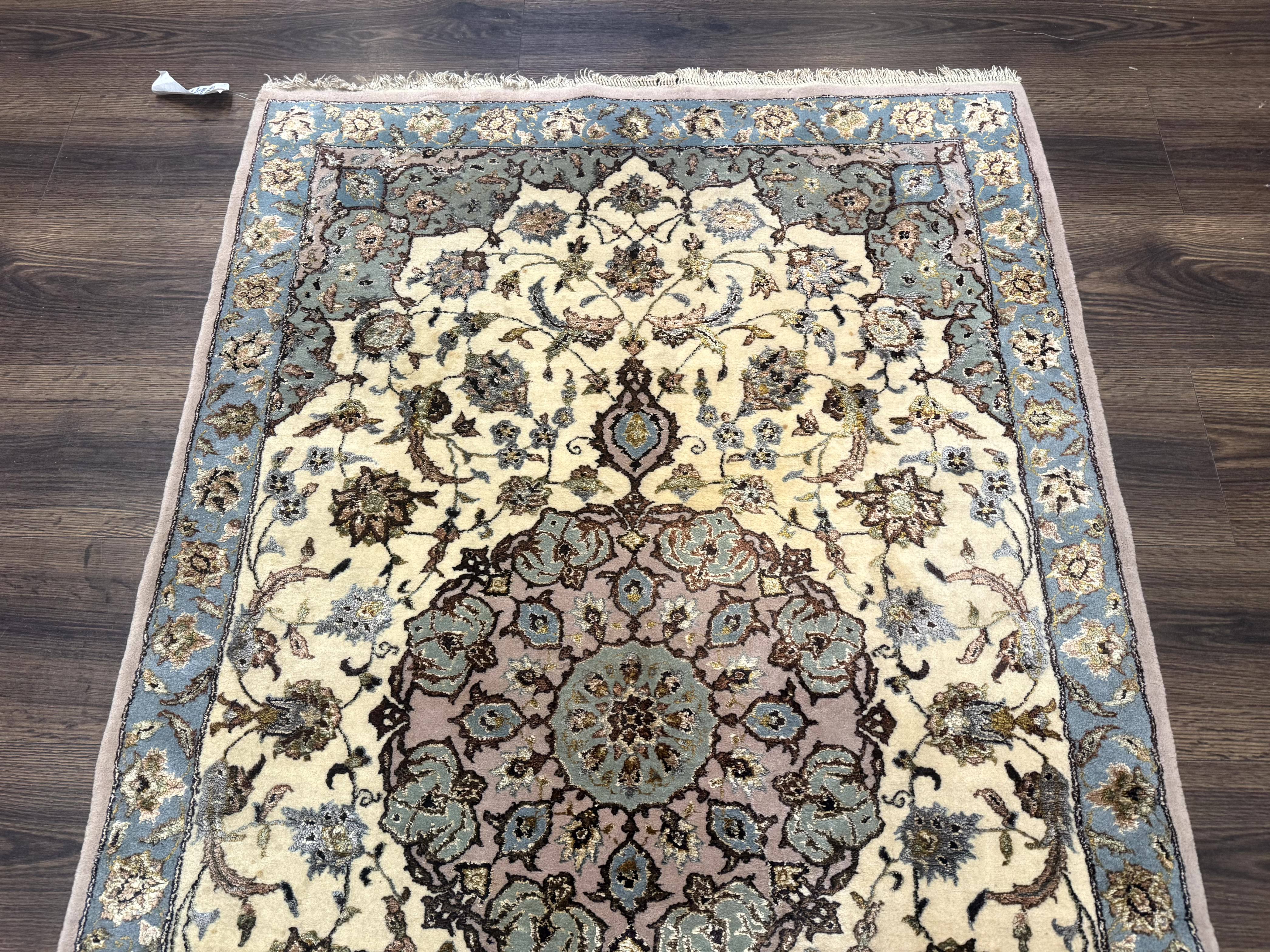 Persian Isfahan Rug 3x5, Fine 310 KPSI, Kork Wool Silk Foundation, Cream & Light Green - Jewel Rugs