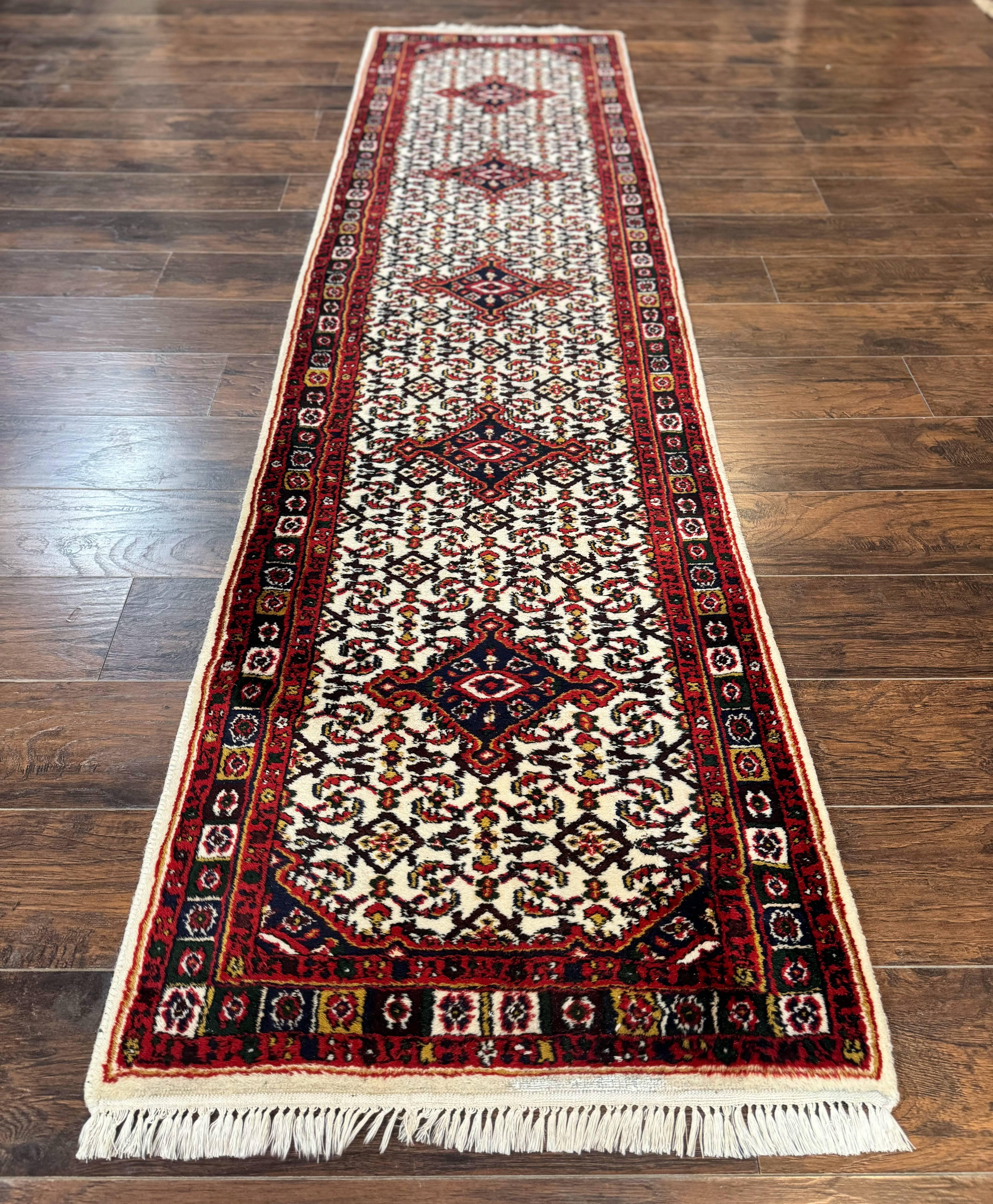 Indo Persian Bidjar Runner Rug 2.8 x 10, Vintage Rug for Hallway, 10ft Runner, Wool Handmade Ivory and Red, Medallions - Jewel Rugs