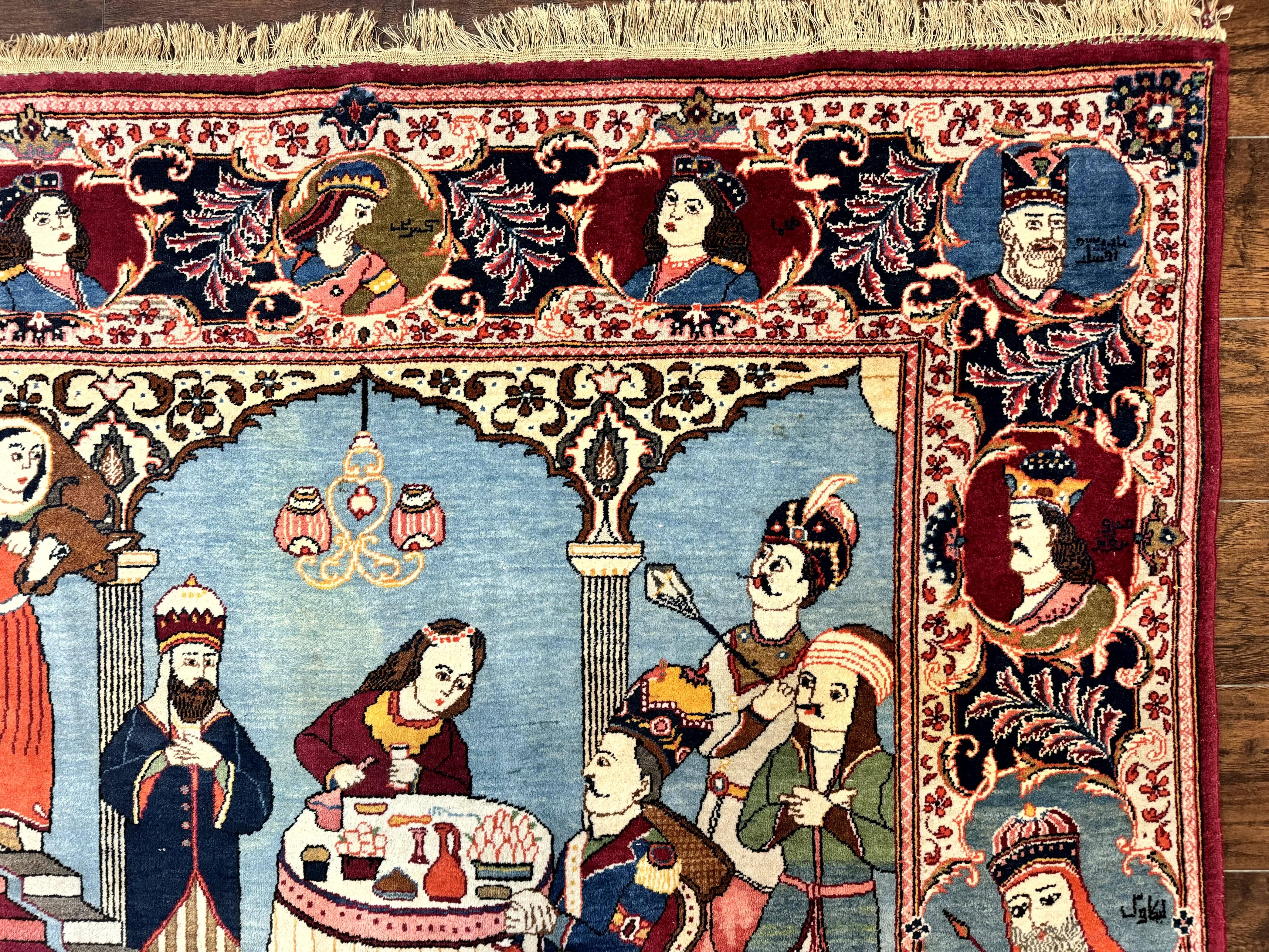 Rare Persian Kashan Pictorial Rug 6x9, King Bahram Hunting Scene, Persian Kings, Hand Knotted Persian Rug for Wall Hanging, Antique, Wool - Jewel Rugs