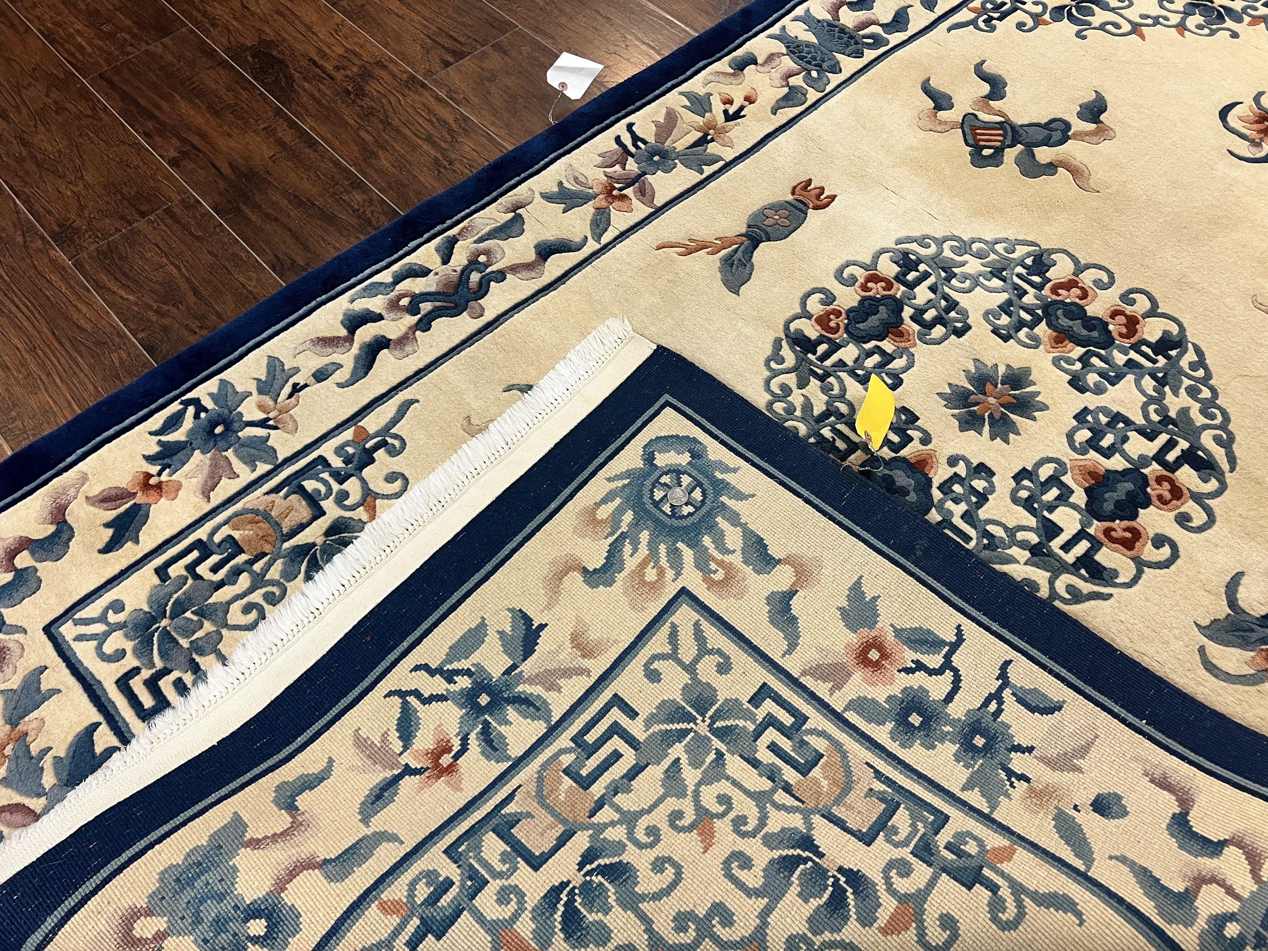 Chinese Wool Rug 5x8, Vintage Art Deco Chinese Carving Sculpture Carpet, Cream and Blue, Handmade Asian Oriental 90 Line Rug - Jewel Rugs