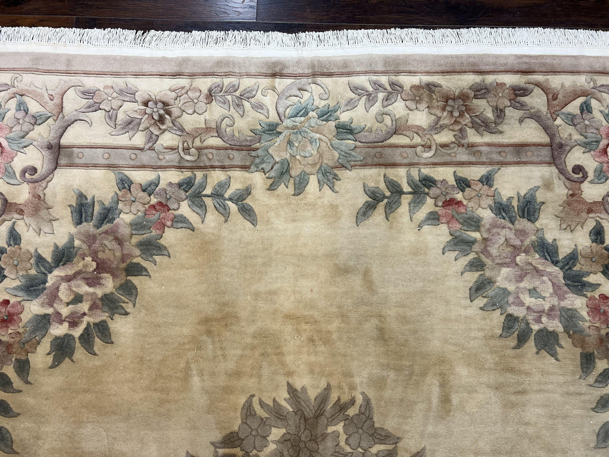 Chinese 90 Line Rug 9x12 ft, Vintage 1960s Chinese Wool Pile Aubusson