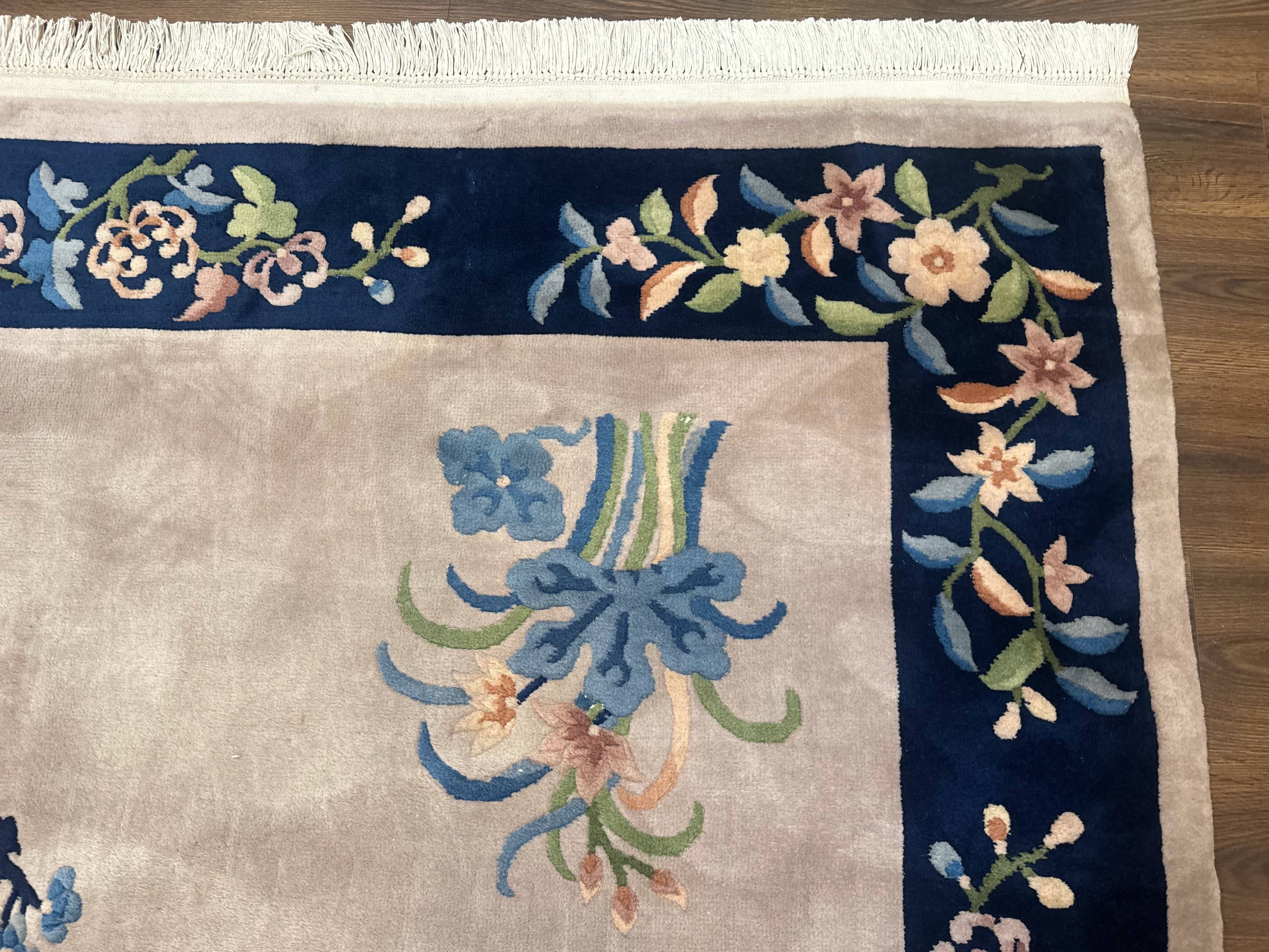 Chinese Wool Rug 8x10, Light Gray and Navy Blue, Floral, Chinese 120 Line Carpet - Jewel Rugs