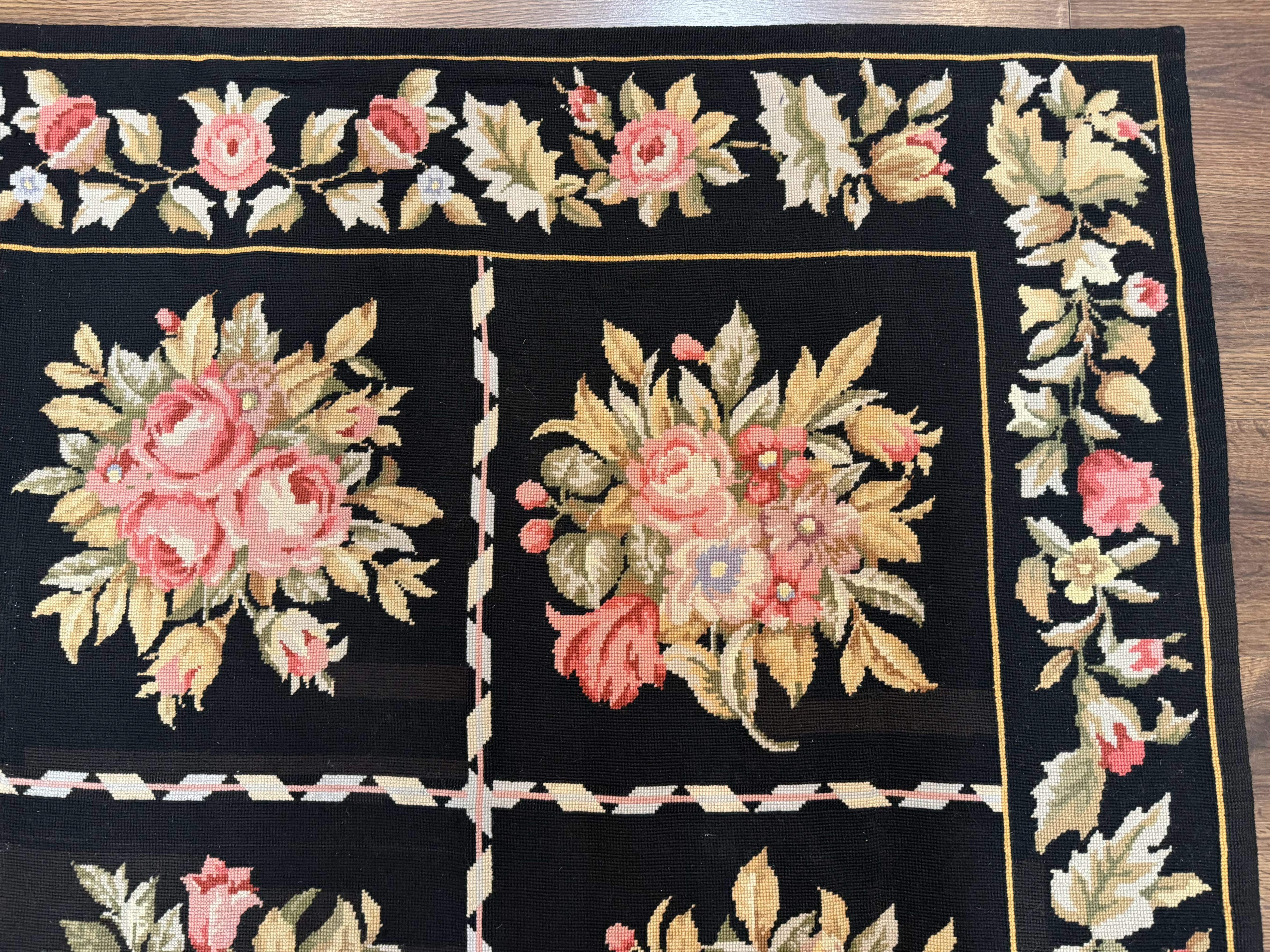 Black Floral Needlepoint Rug 5x9, European Panel Design, Vintage Carpet - Jewel Rugs
