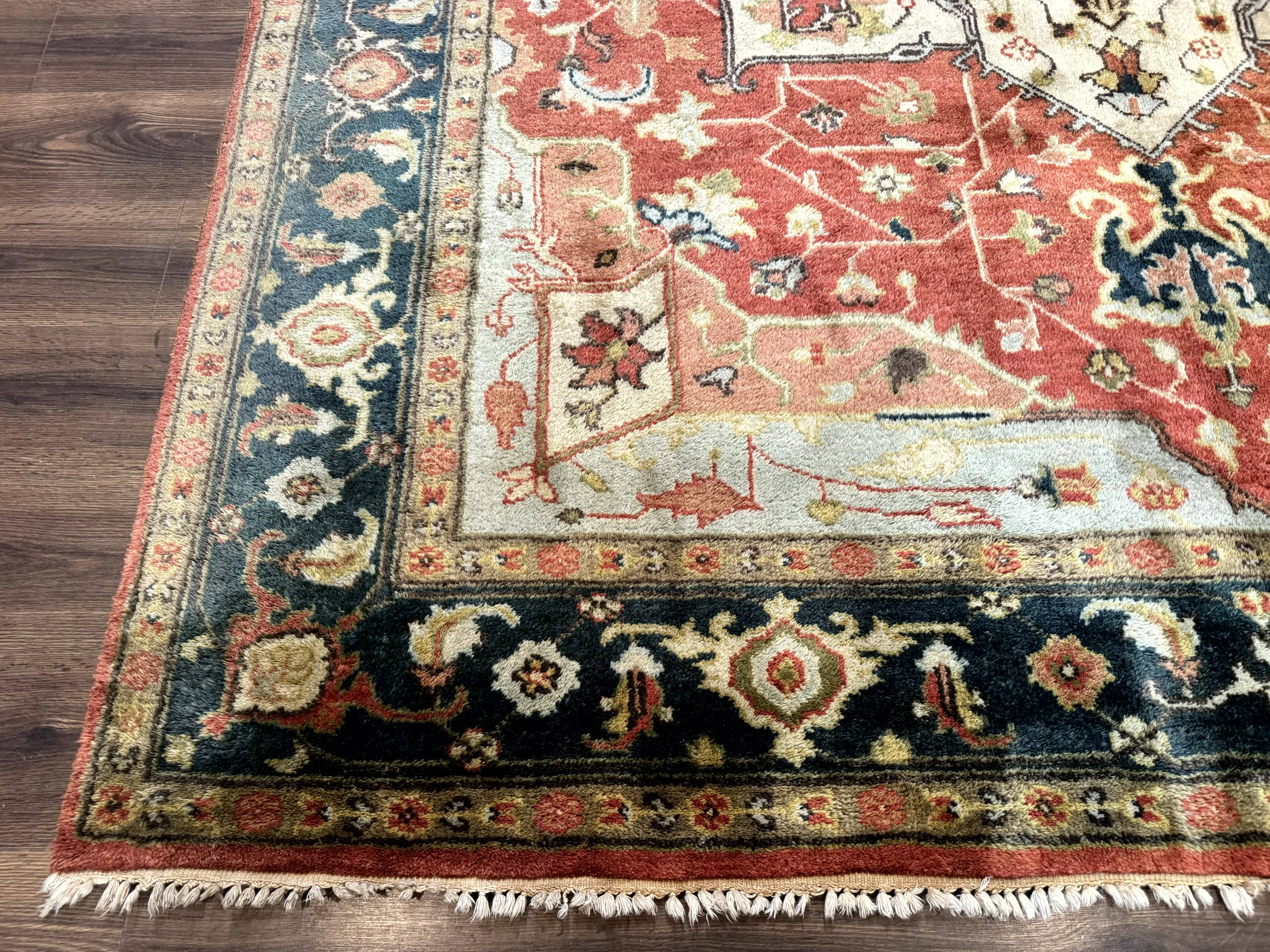 Indo Persian Heriz Rug 8x10, Terracotta, Geometric Serapi Carpet - Jewel Rugs