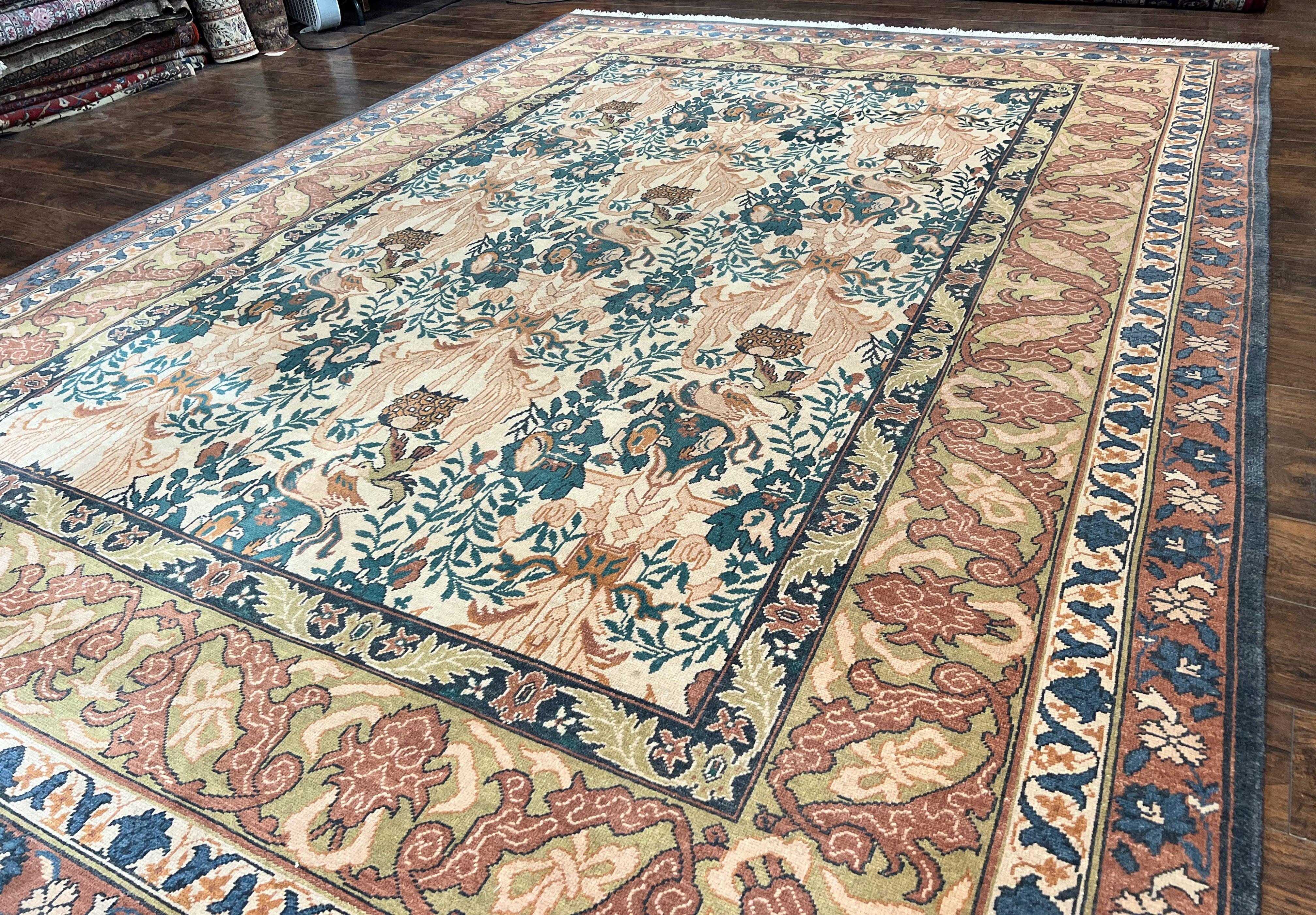 10x13 Wool Rug, Floral Pattern, Birds, Handmade Vintage Carpet, Couristan Rug, Beige - Jewel Rugs